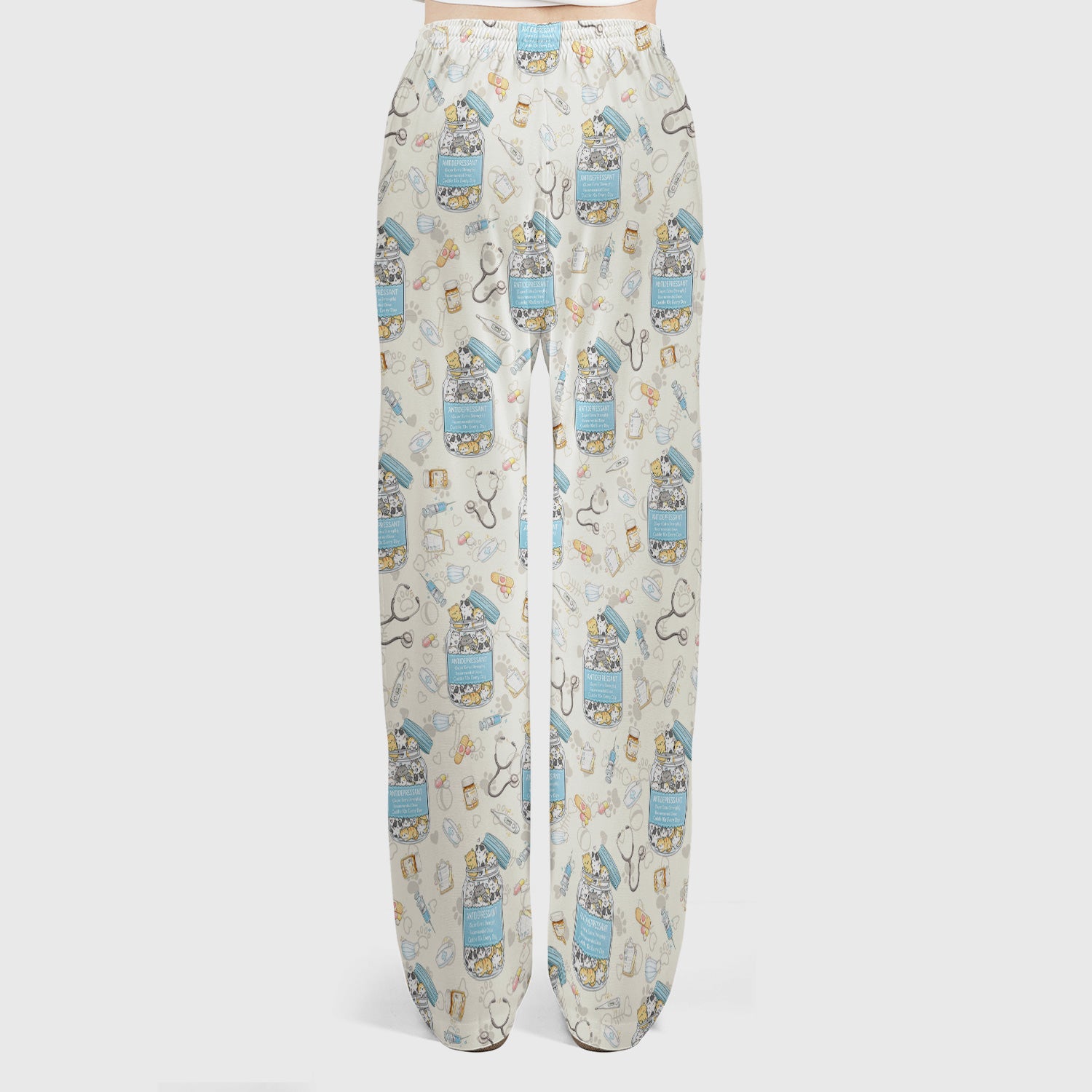 Cute Antidepressant Cat Jar Print Women's Scrub Set, Breathable Med Uniform