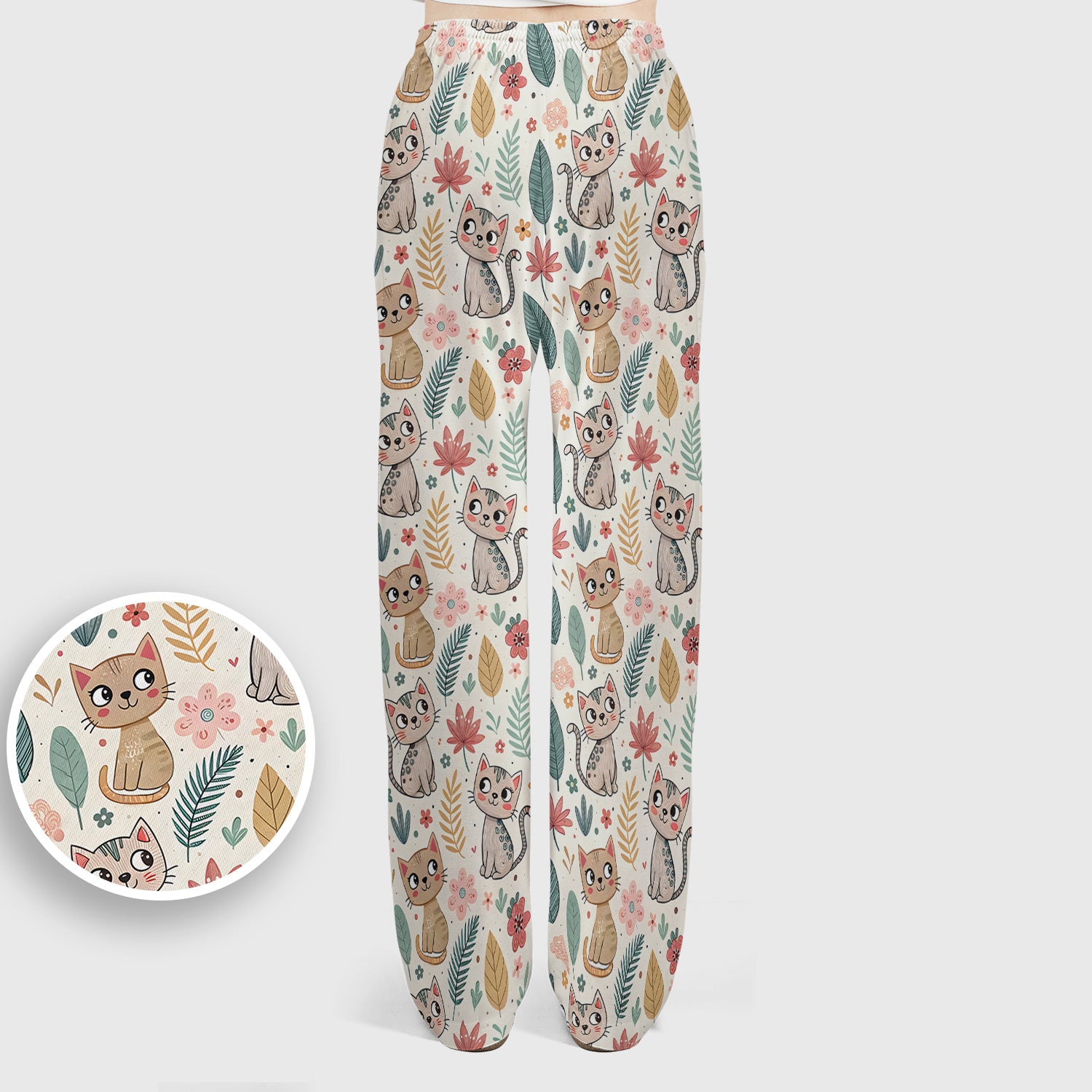 Cute Cartoon Cat Floral Leaf Pattern Scrub Set, Scrub Pants and V Neck Top