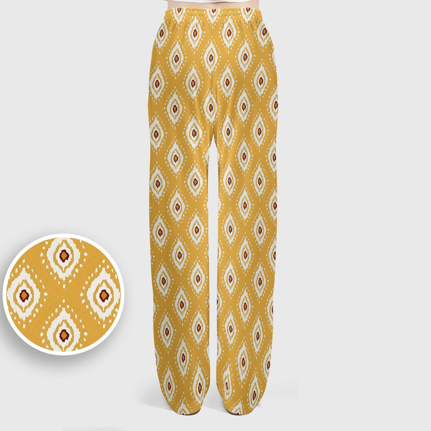 Cute Mustard Geometric Ikat Nurse Pattern Scrub Set, Scrub Pants and V Neck Top