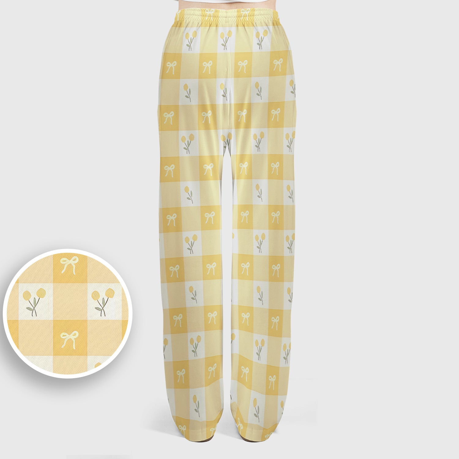 Yellow Gingham Bow Floral Pattern Scrub Set, Scrub Pants and V Neck Top