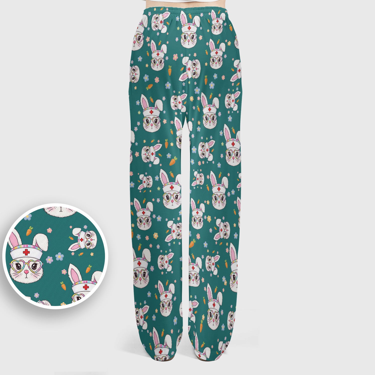 Cute Easter Bunny Nurse Pattern Scrub Set, Scrub Pants and V Neck Top