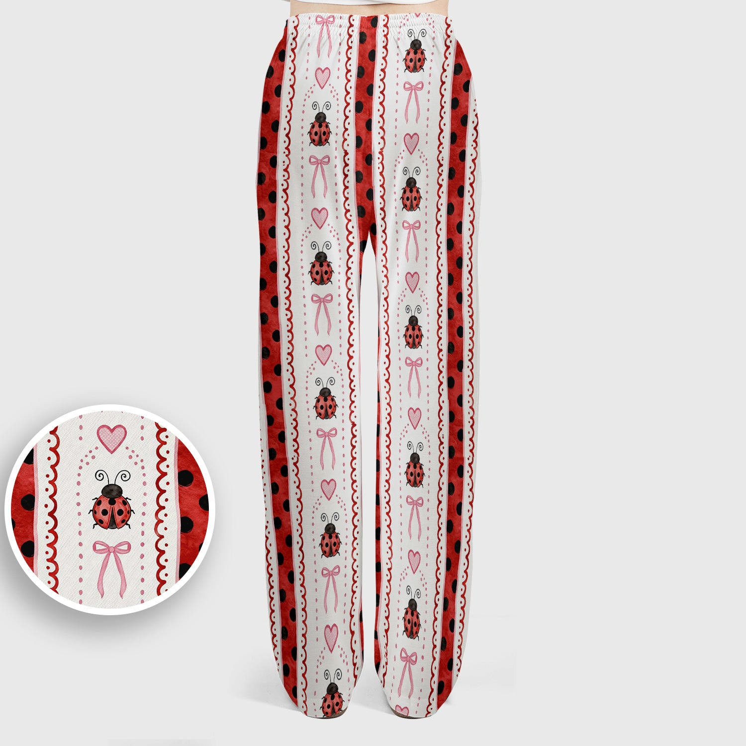 Cute Ladybug Heart Bow Stripe Pattern Scrub Set, Red Polka Dot Scrub Pants and V Neck Top