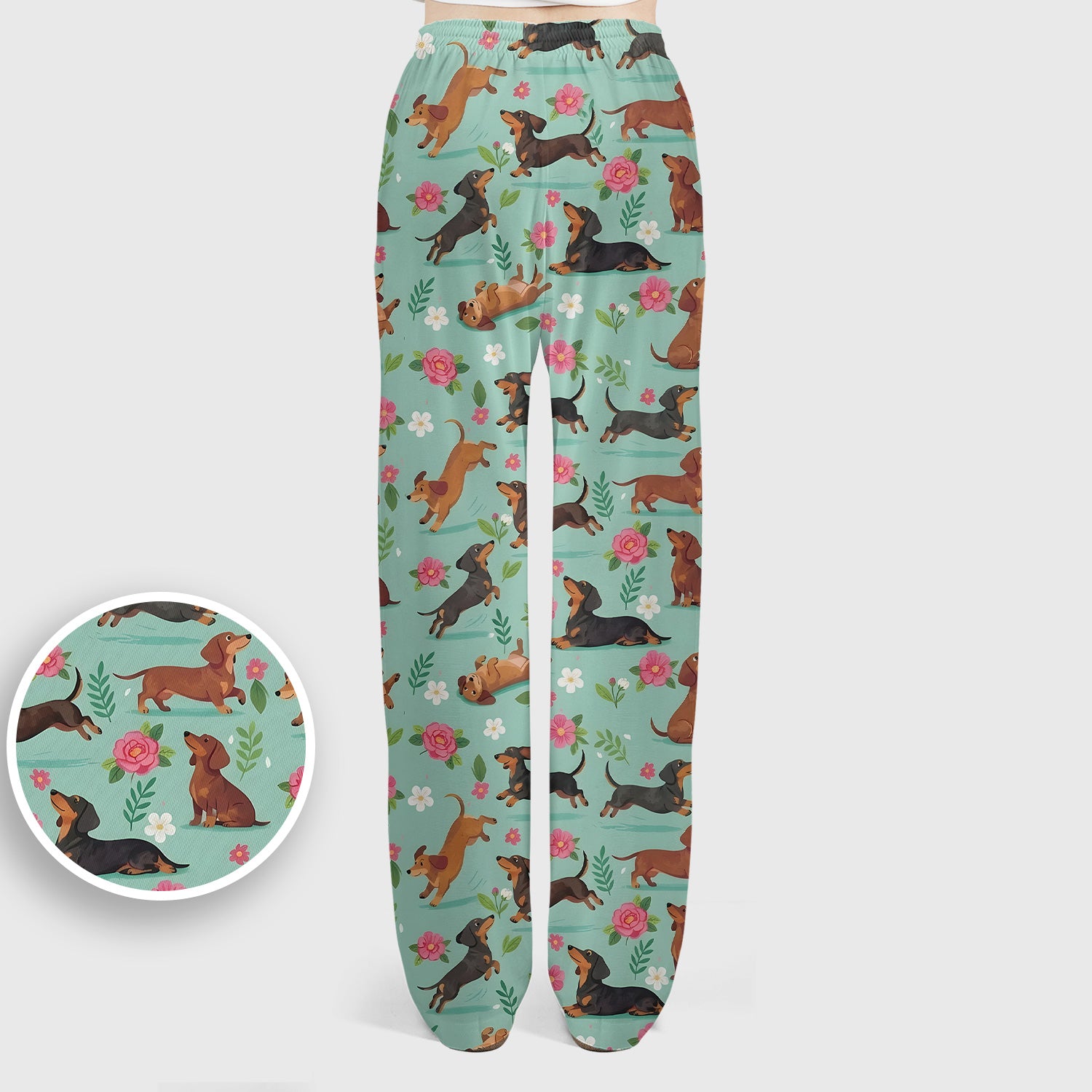 Cute Floral Dachshund Puppy Pattern Scrub Set, Scrub Pants and V Neck Top