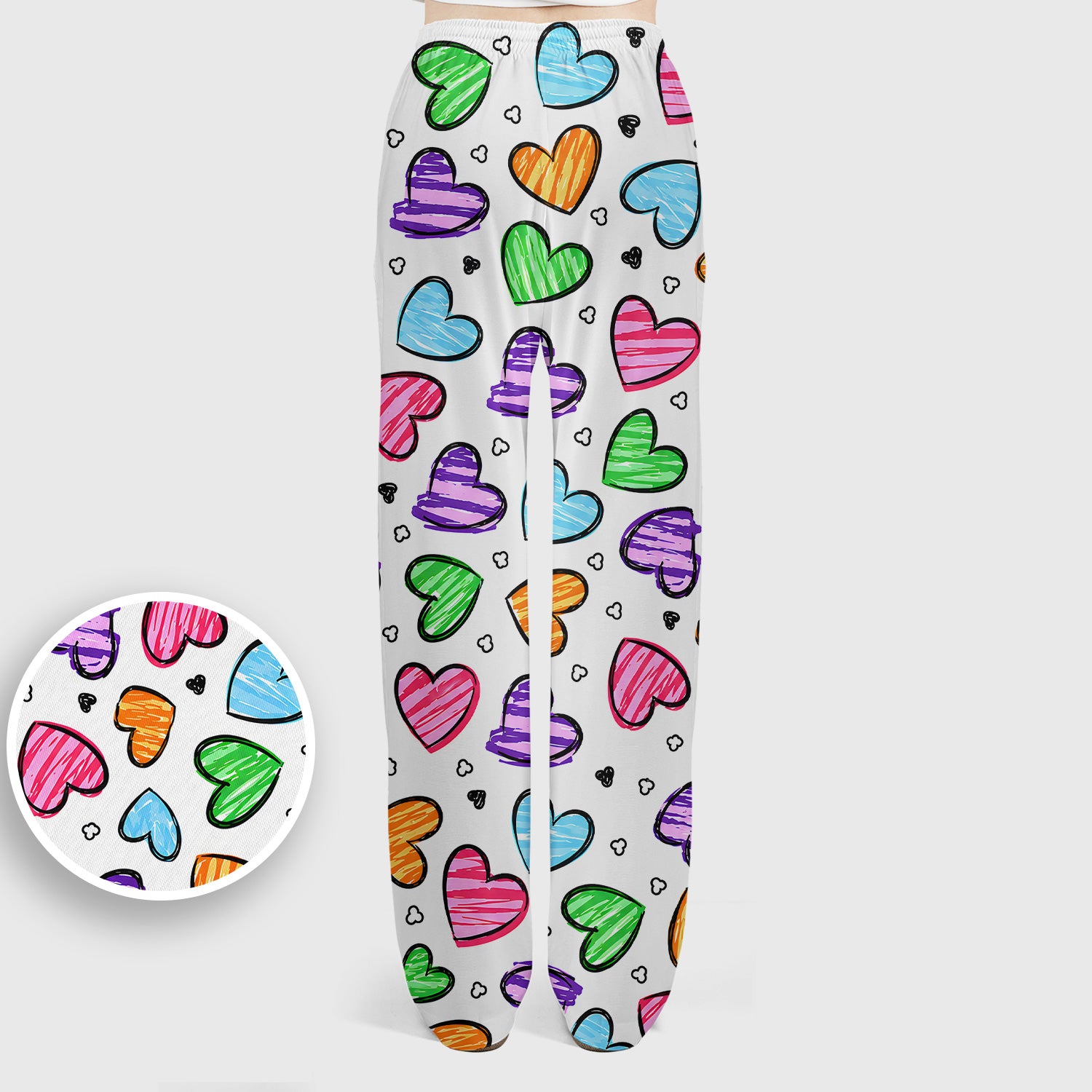 Colorful Doodle Heart Pattern Scrub Set, Scrub Pants and V Neck Top