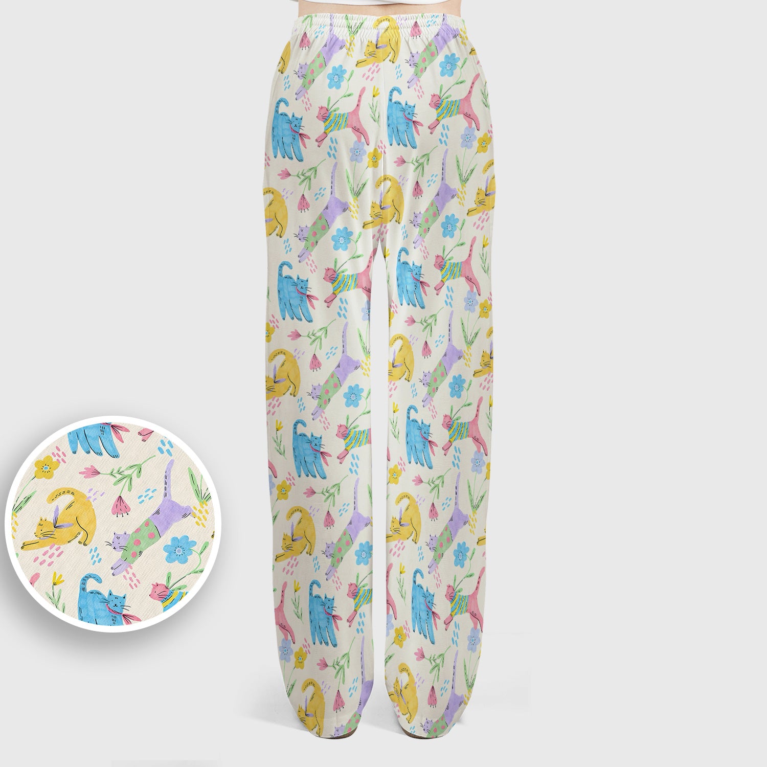 Cute Colorful Cat Floral Pattern Scrub Set, Scrub Pants and V Neck Top