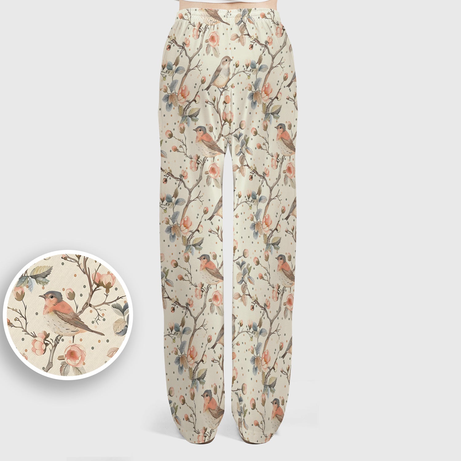 Vintage Bird Floral Branch Print Scrub Set, Scrub Pants and V Neck Top