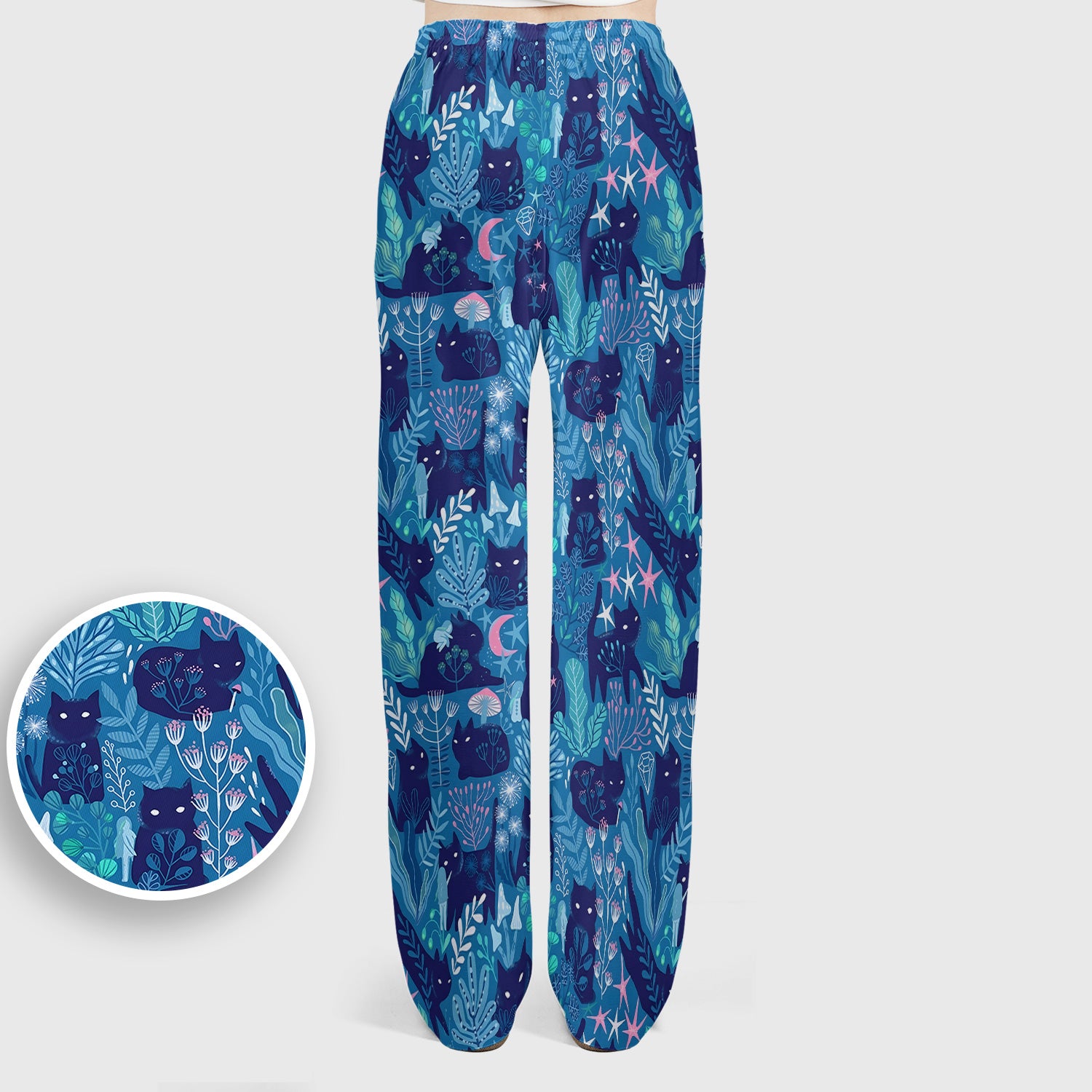 Adorable Celestial Cat Moon Star Pattern Scrub Set, Scrub Pants and V Neck Top