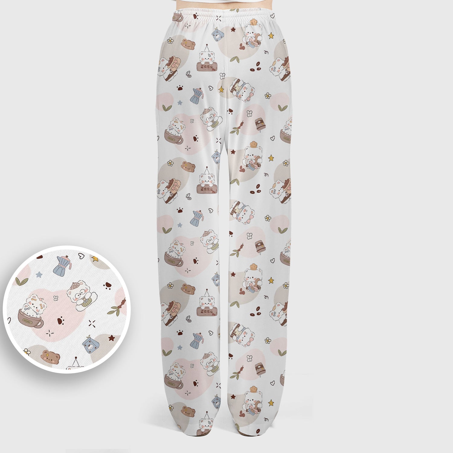 Cute Cat With Coffee Paw Heart Pattern Scrub Set, Scrub Pants and V Neck Top