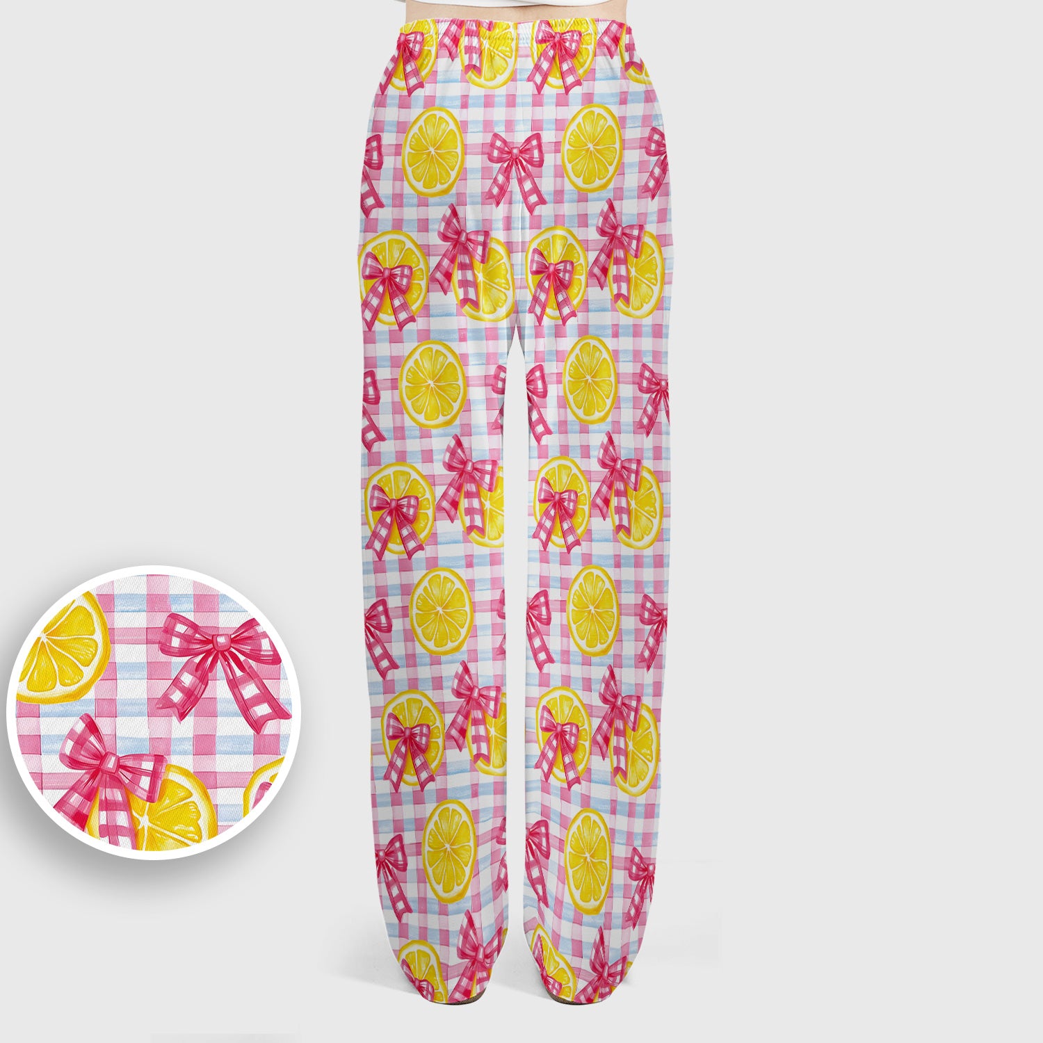 Cute Lemon Slice Pink Bow Gingham Pattern Scrub Set, Scrub Pants and V Neck Top