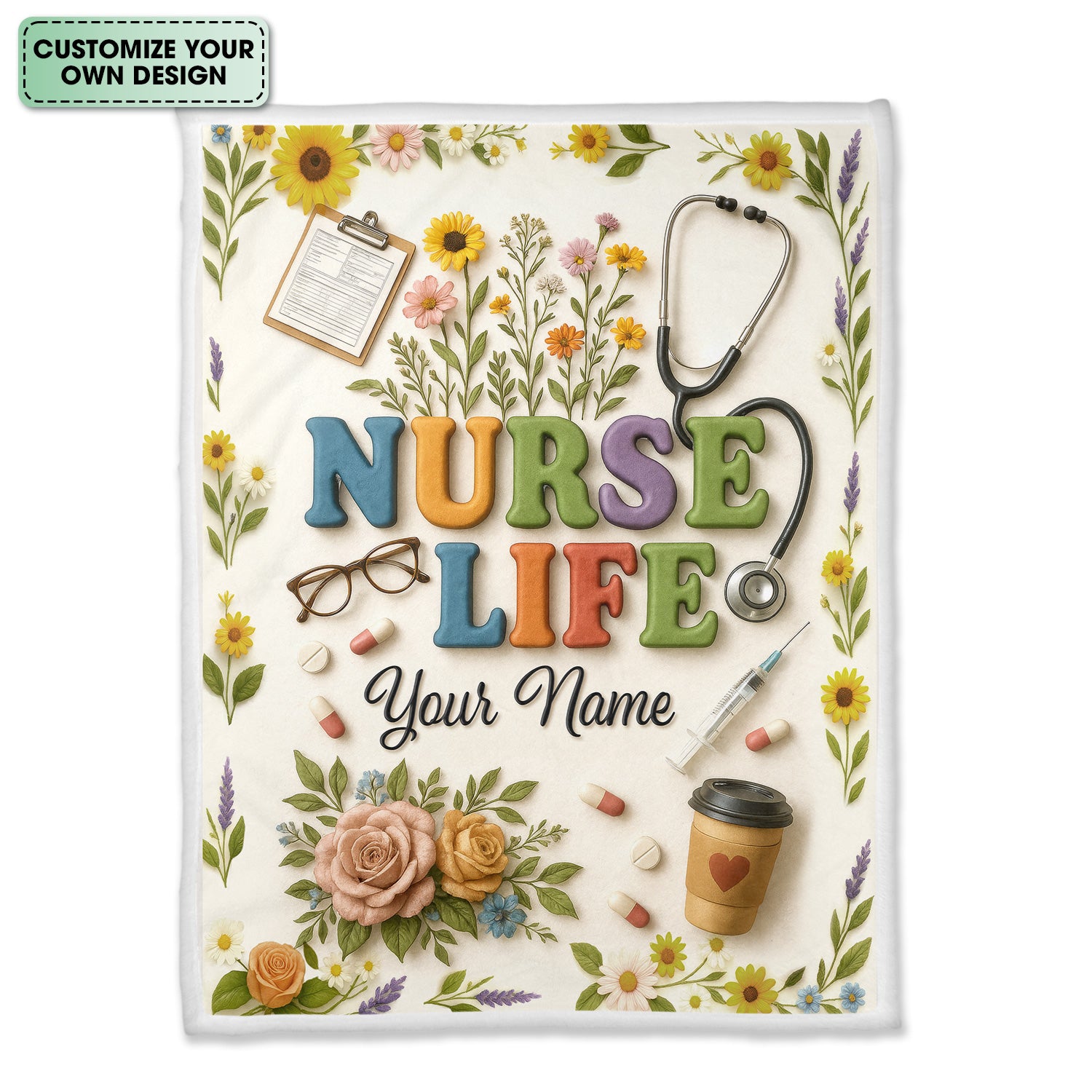 Custom Nurse Life Blanket - Stethoscope, Pills & Flowers Design - Thoughtful Personalized Gift for Nurses