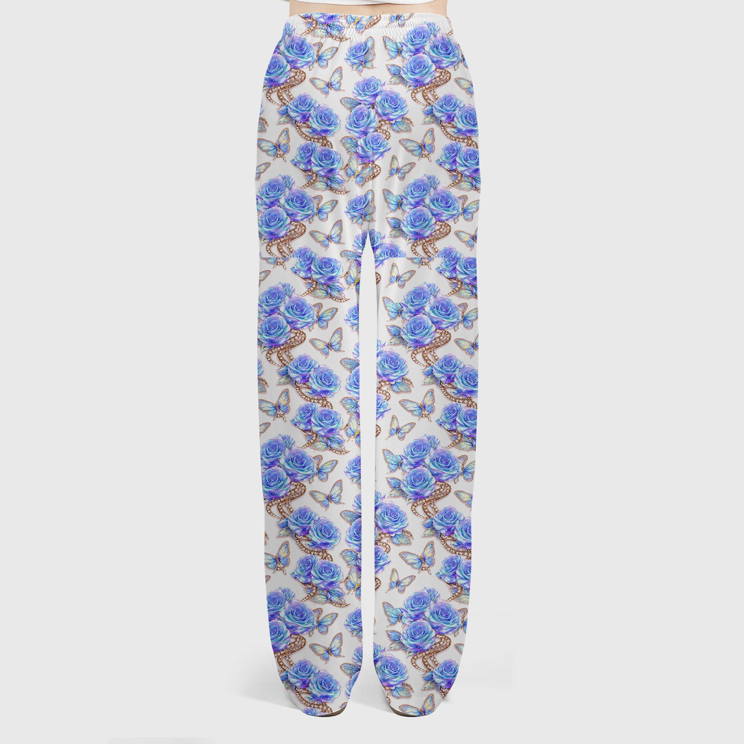 Elegant Blue Rose Floral Print Scrub Set, Scrub Pants and V Neck Top