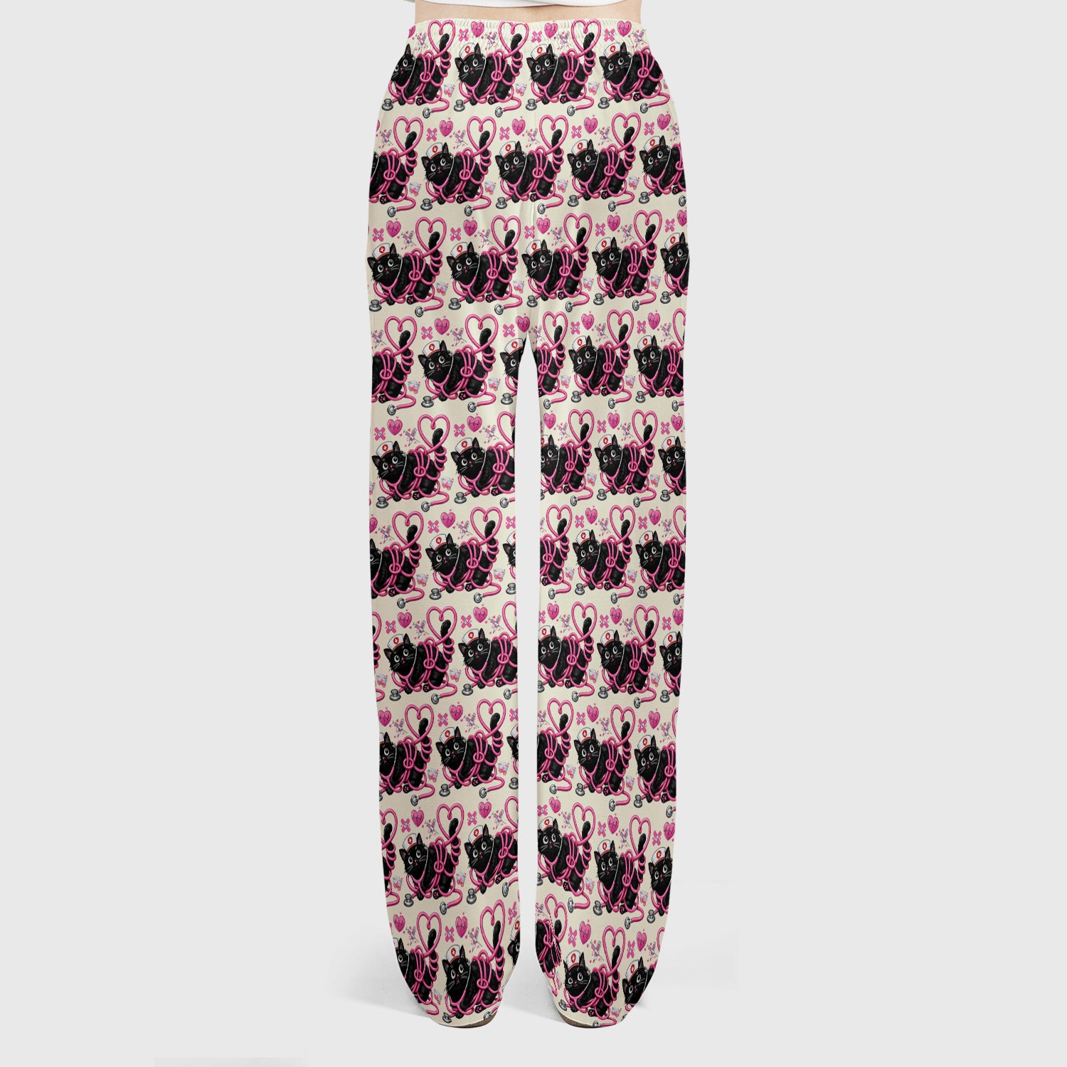 Valentine Cute Cat Nurse Heart Print Women's Scrub Set, Breathable Med Uniform