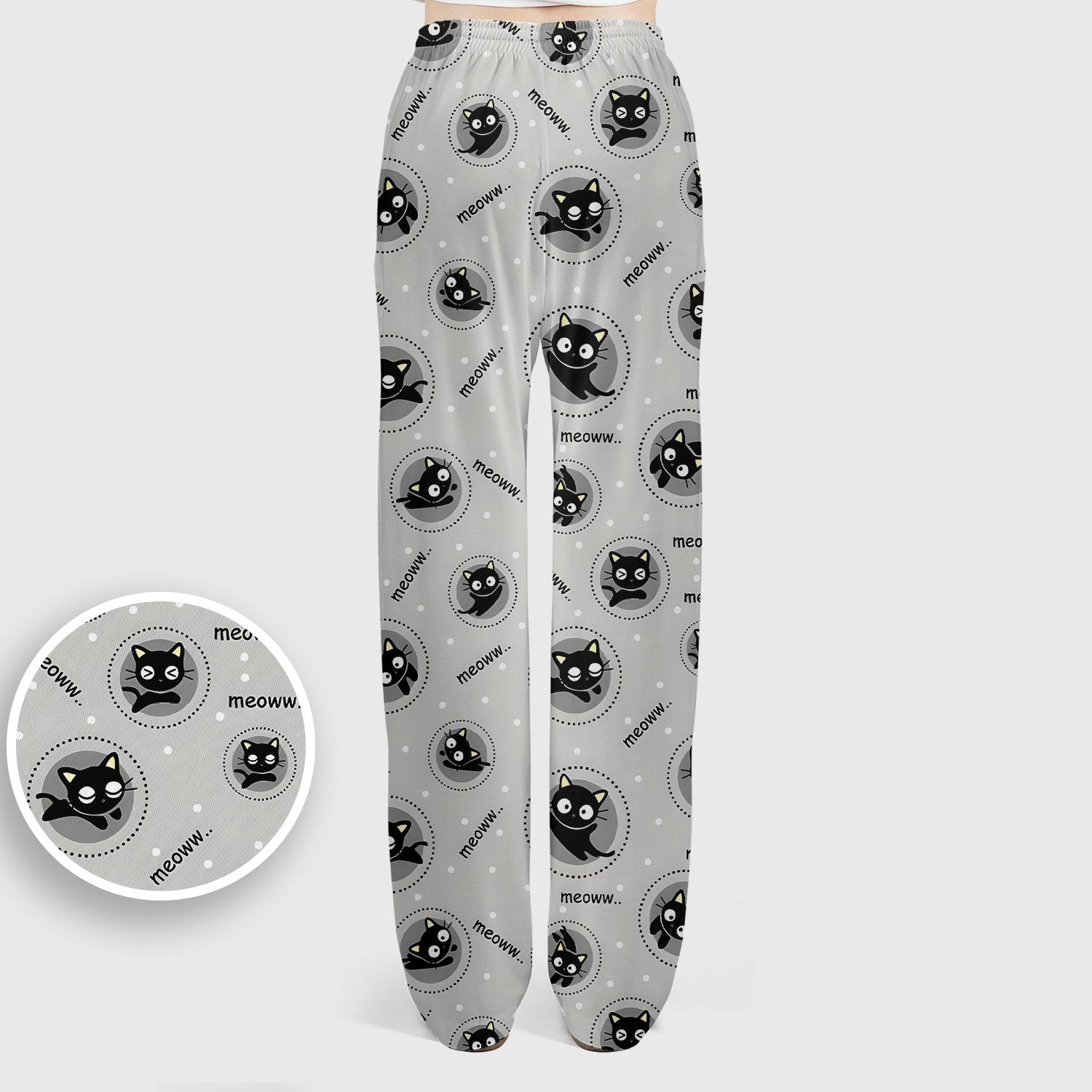 Funny Black Cat Meow Pattern Scrub Set, Scrub Pants and V Neck Top