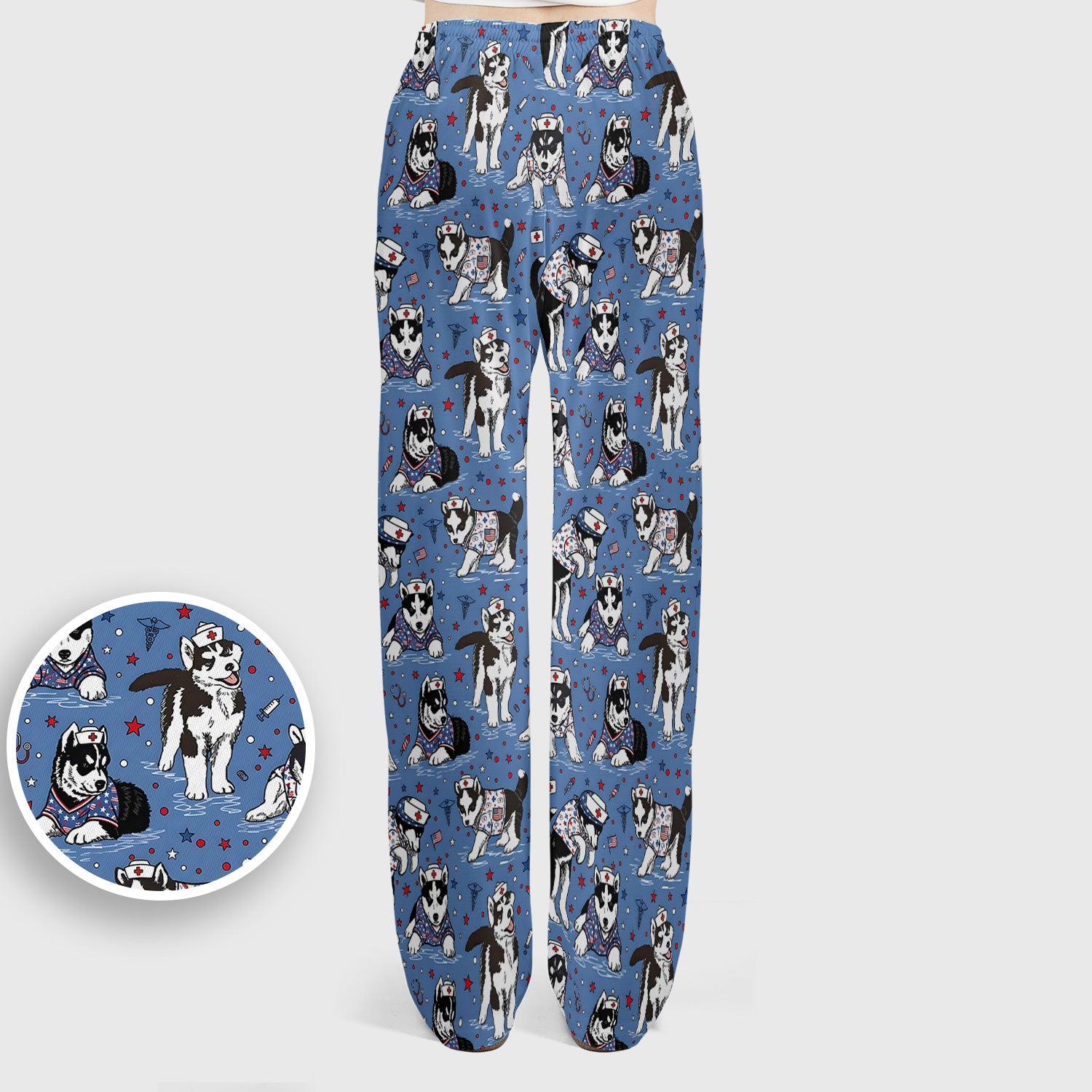 Cute Nurse Husky Dog Medical Pattern Scrub Set, Scrub Pants and V Neck Top