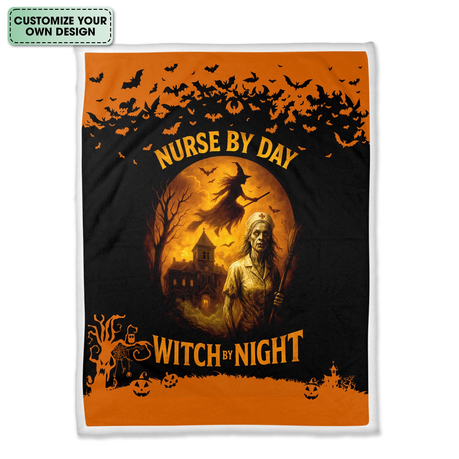 Personalized Funny Halloween Nurse Blanket - Nurse By Day Witch By Night Spooky Design - Gift for RN LPN CNA Healthcare Workers