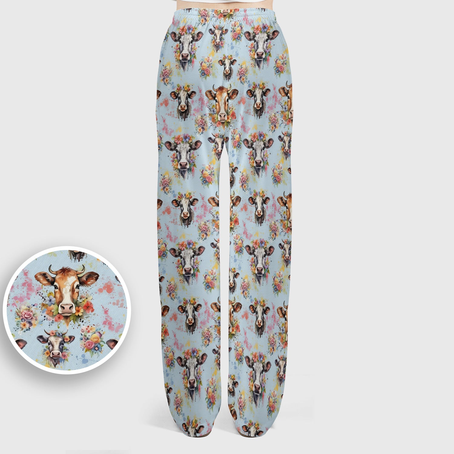 Cute Floral Cow Farm Animal Pattern Scrub Set, Scrub Pants and V Neck Top