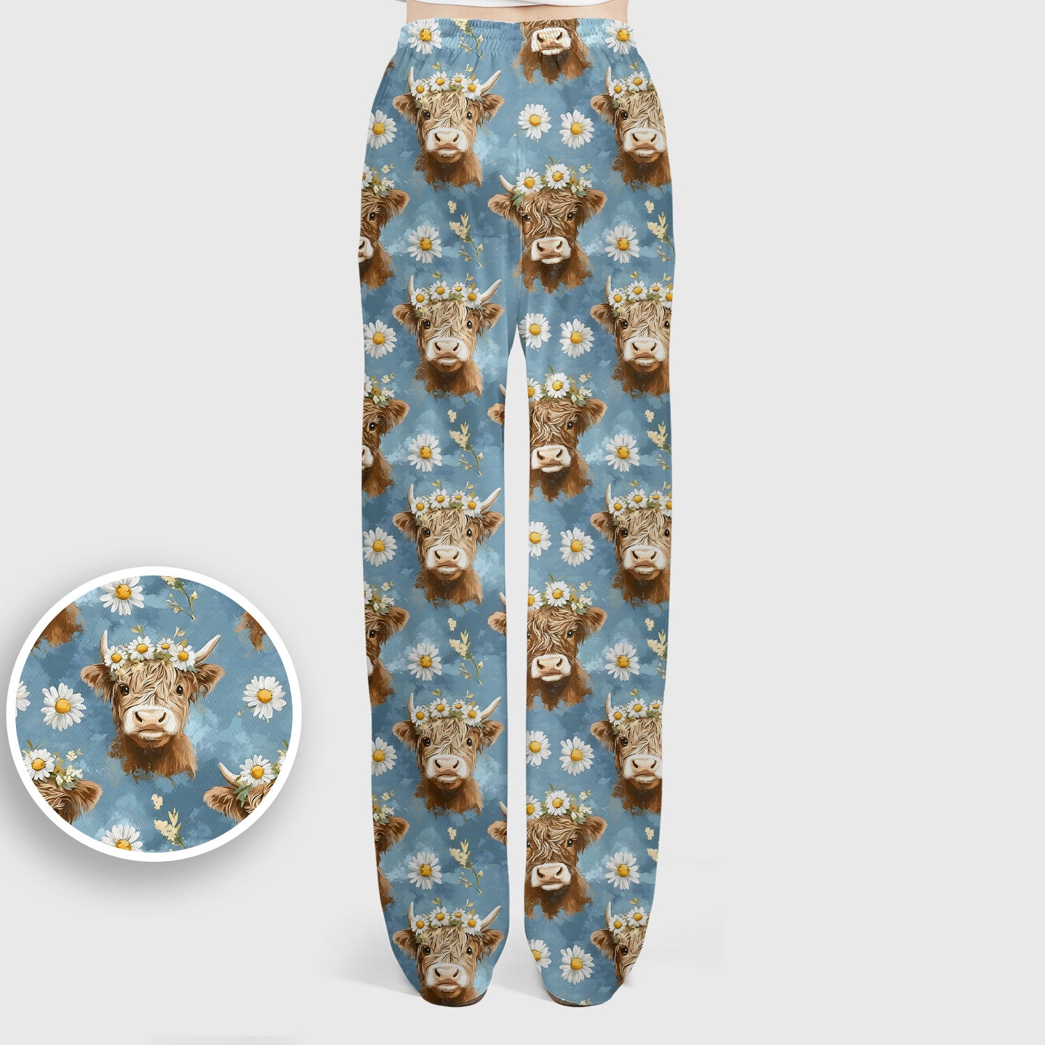 Highland Cow Daisy Flower Pattern Scrub Set, Scrub Pants and V Neck Top