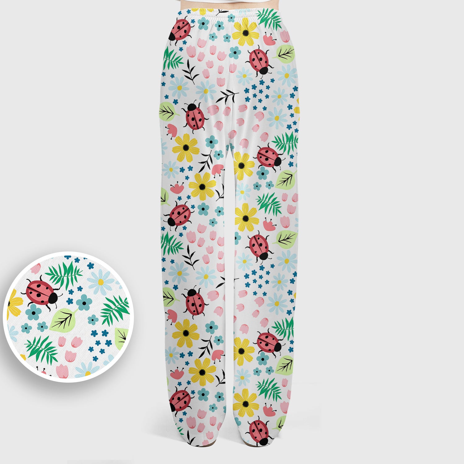 Cute Ladybug Floral Garden Print Scrub Set, Scrub Pants and V Neck Top