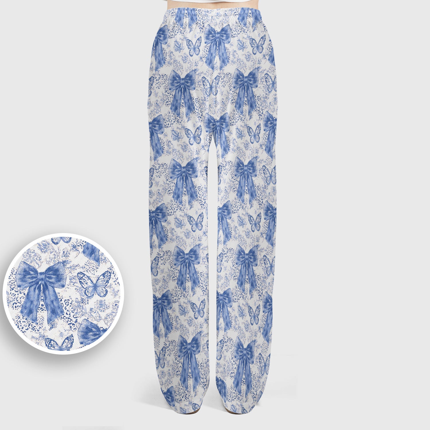 Blue Bow And Butterfly Vintage Floral Scrub Set, Scrub Pants and V Neck Top