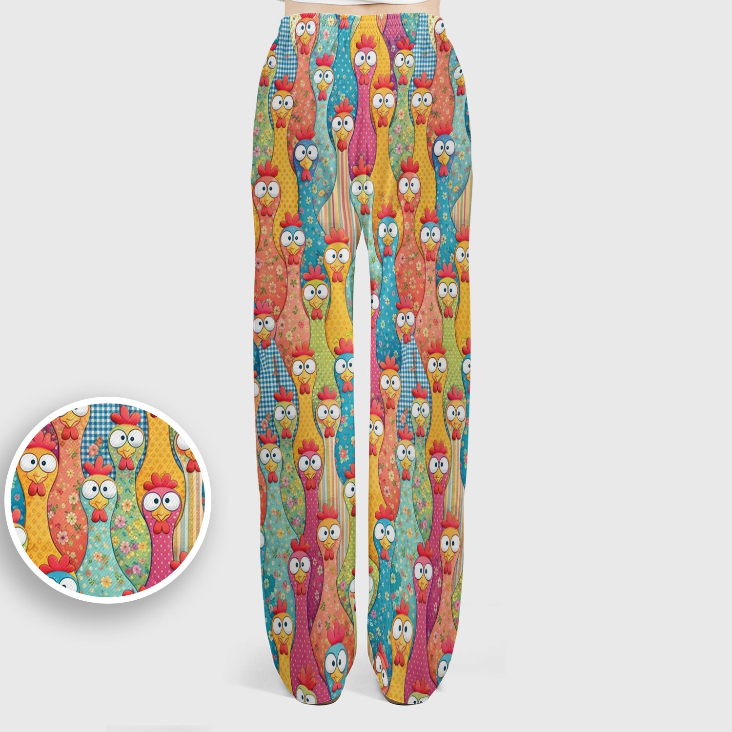 Funny Colorful Chicken Farm Cartoon Pattern Scrub Set, Scrub Pants and V Neck Top