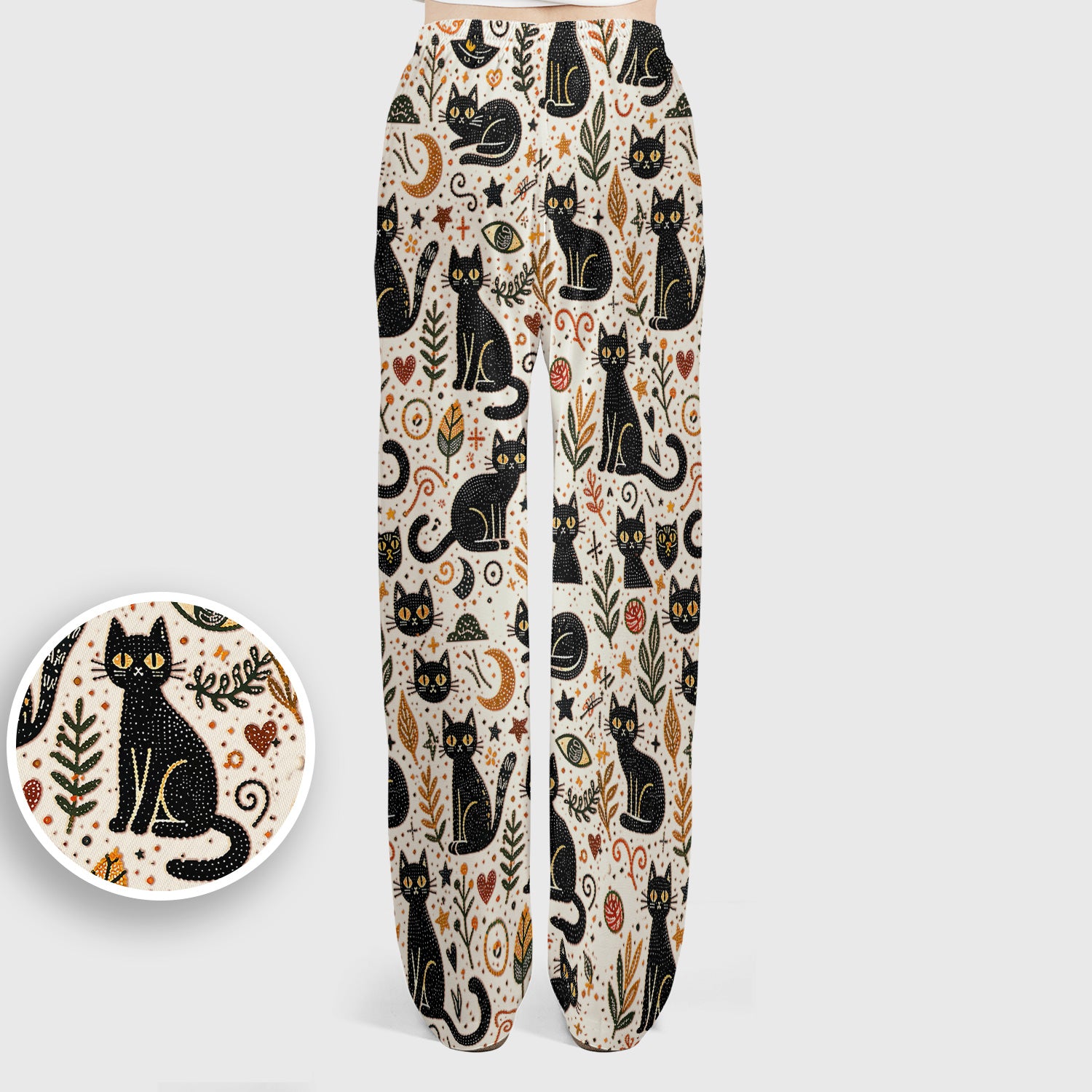 Mystic Black Cat Celestial Doodle Pattern Scrub Set, Scrub Pants and V Neck Top