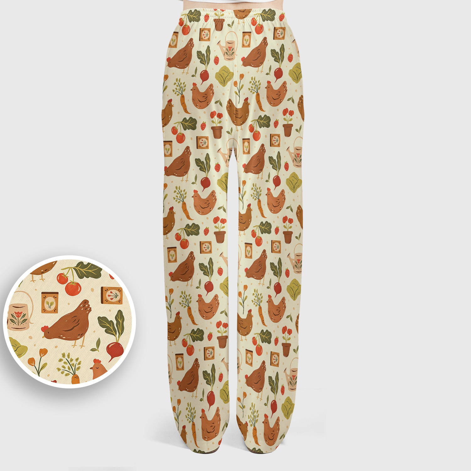 Rustic Farm Chicken Garden Vegetable Pattern Scrub Set, Scrub Pants and V Neck Top