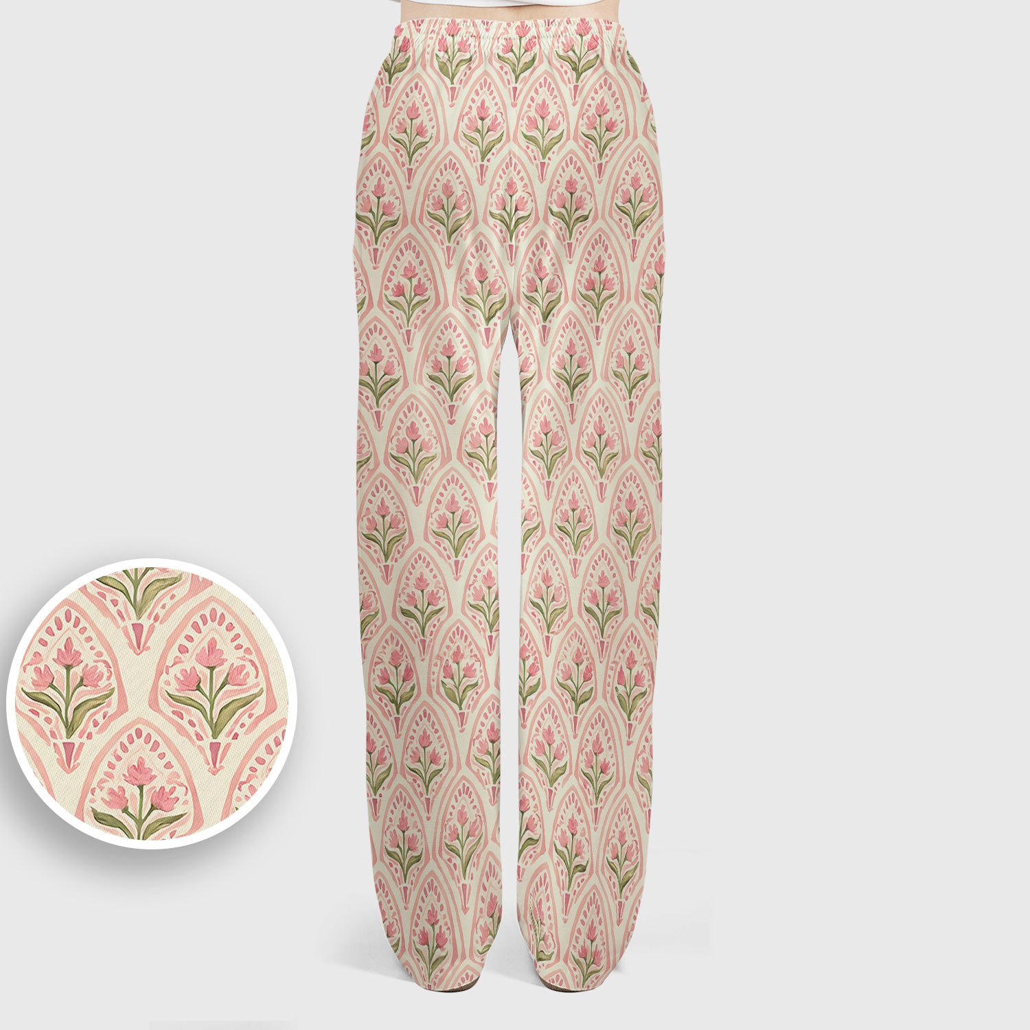 Pink Tulip Floral Arch Pattern Scrub Set, Scrub Pants and V Neck Top