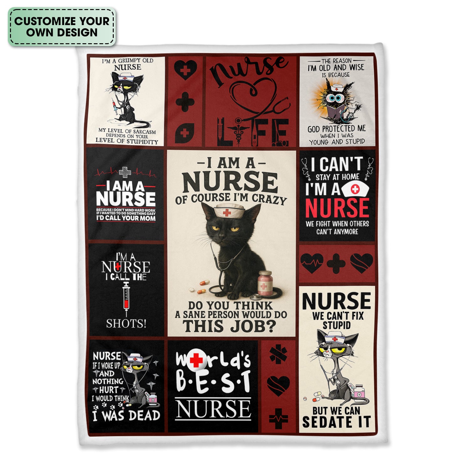 Personalized Nurse Blanket - Funny Nurse Quotes, Cat & Life Designs - Custom Gift for RN, LPN, Healthcare Workers - Multiple Designs Available