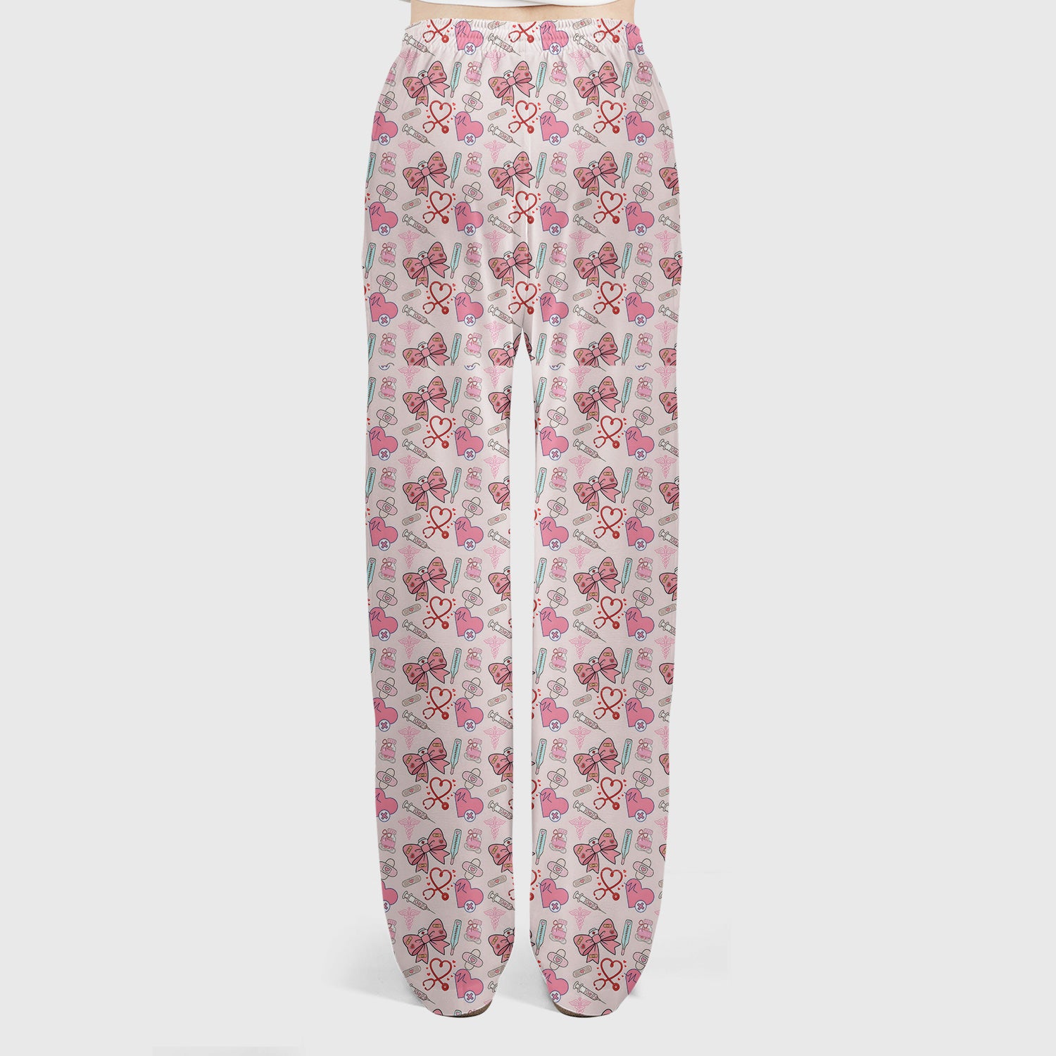 Pink Nurse Bow Heart Print Scrub Set, Scrub Pants and V Neck Top