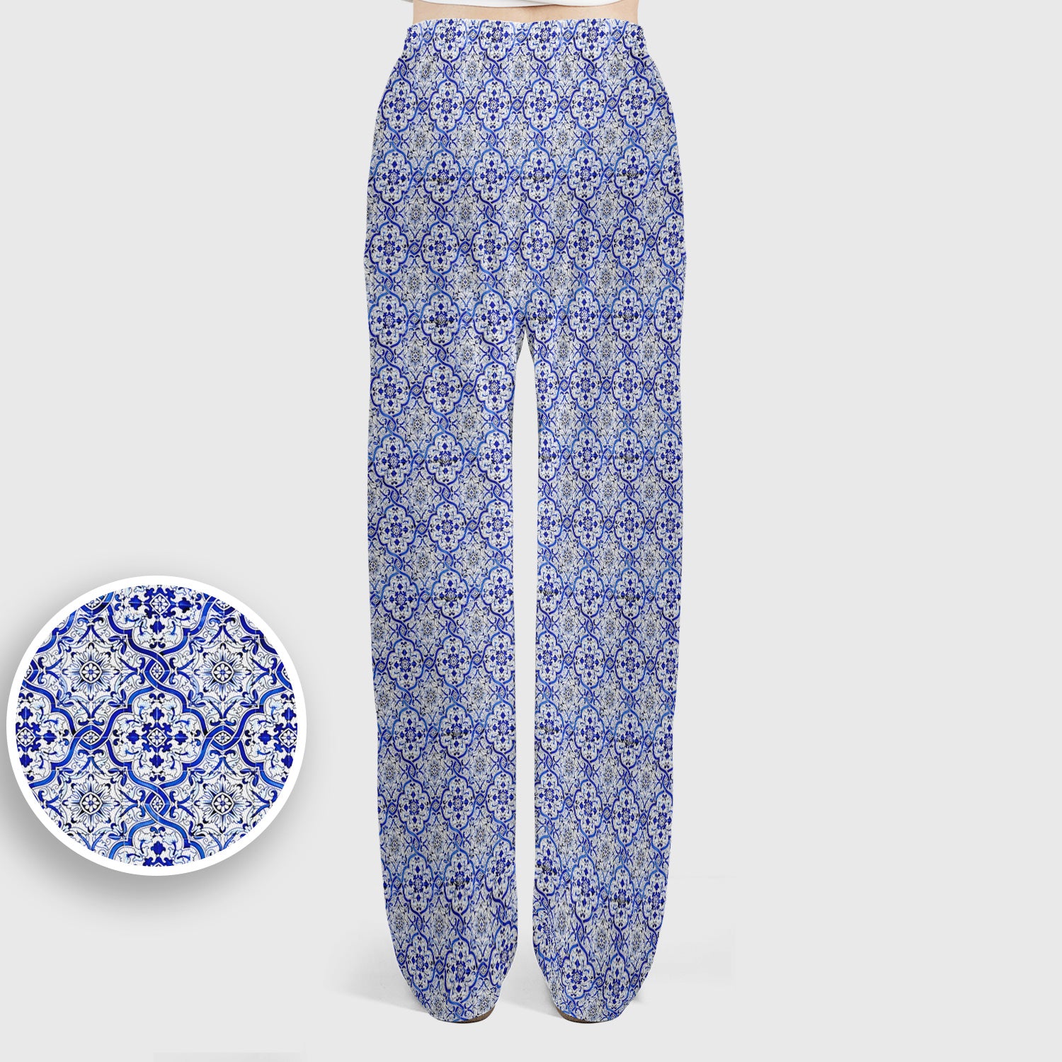 Blue Vintage Tile Floral Pattern Scrub Set, Women's Scrub Sets