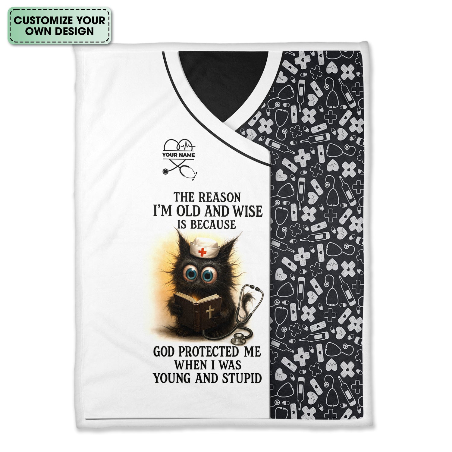 Custom Name Funny Nurse Blanket for RN LPN CNA - Wise Black Cat Cartoon with Bible and Stethoscope - Healthcare Gift for Medical Workers