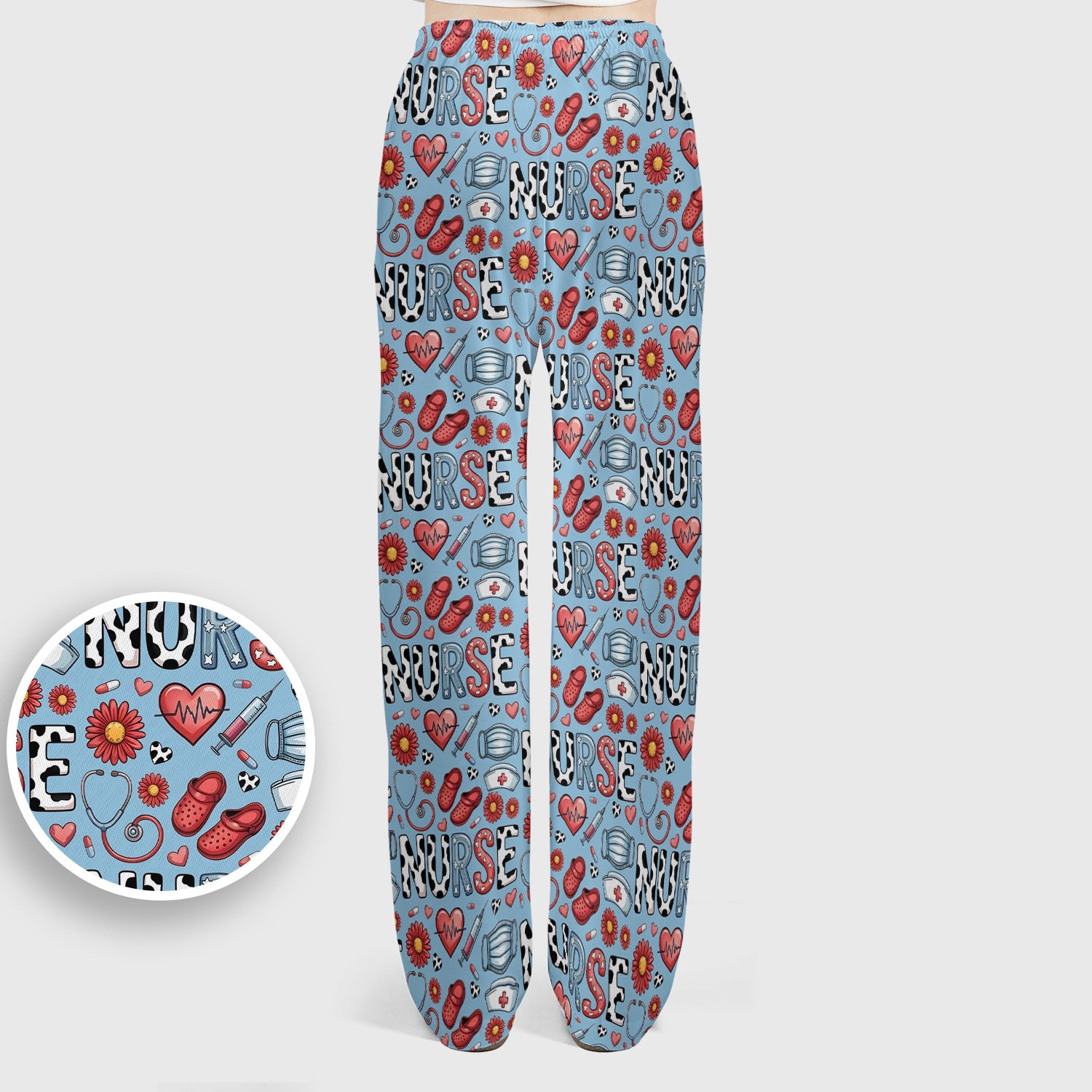 Cute Nurse Medical Icon Pattern Scrub Set, Scrub Pants and V Neck Top