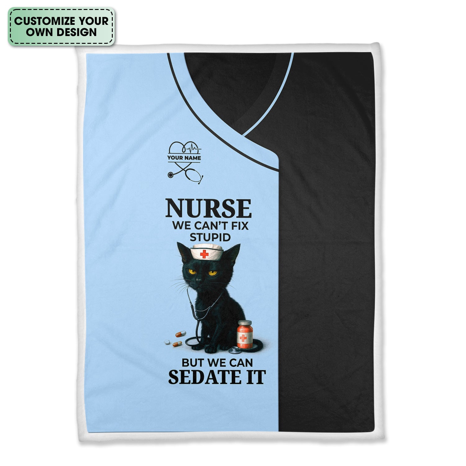 Personalized Funny Nurse Black Cat Blanket - Multiple Color Options Available - Custom Name Gift for RN CNA LPN Healthcare Workers