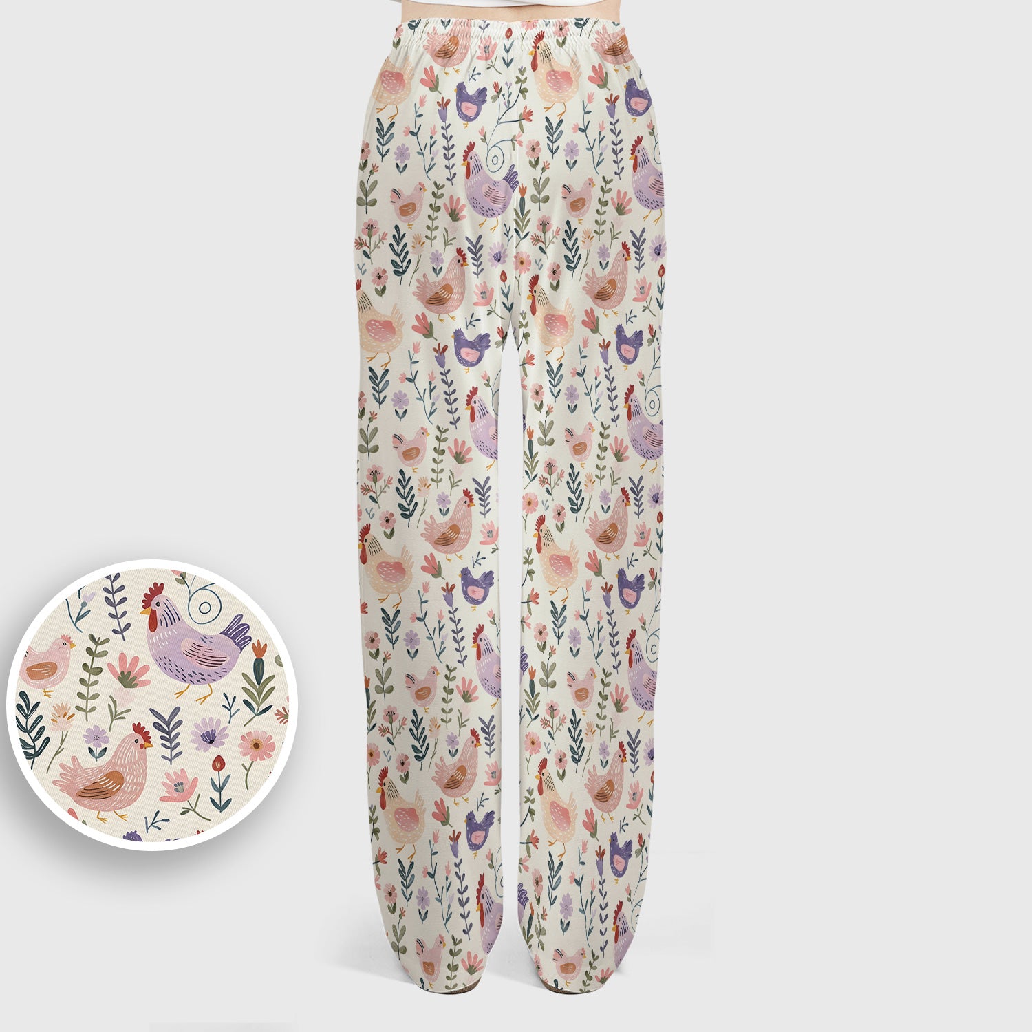 Cute Farm Chicken Floral Garden Pattern Scrub Set, Scrub Pants and V Neck Top