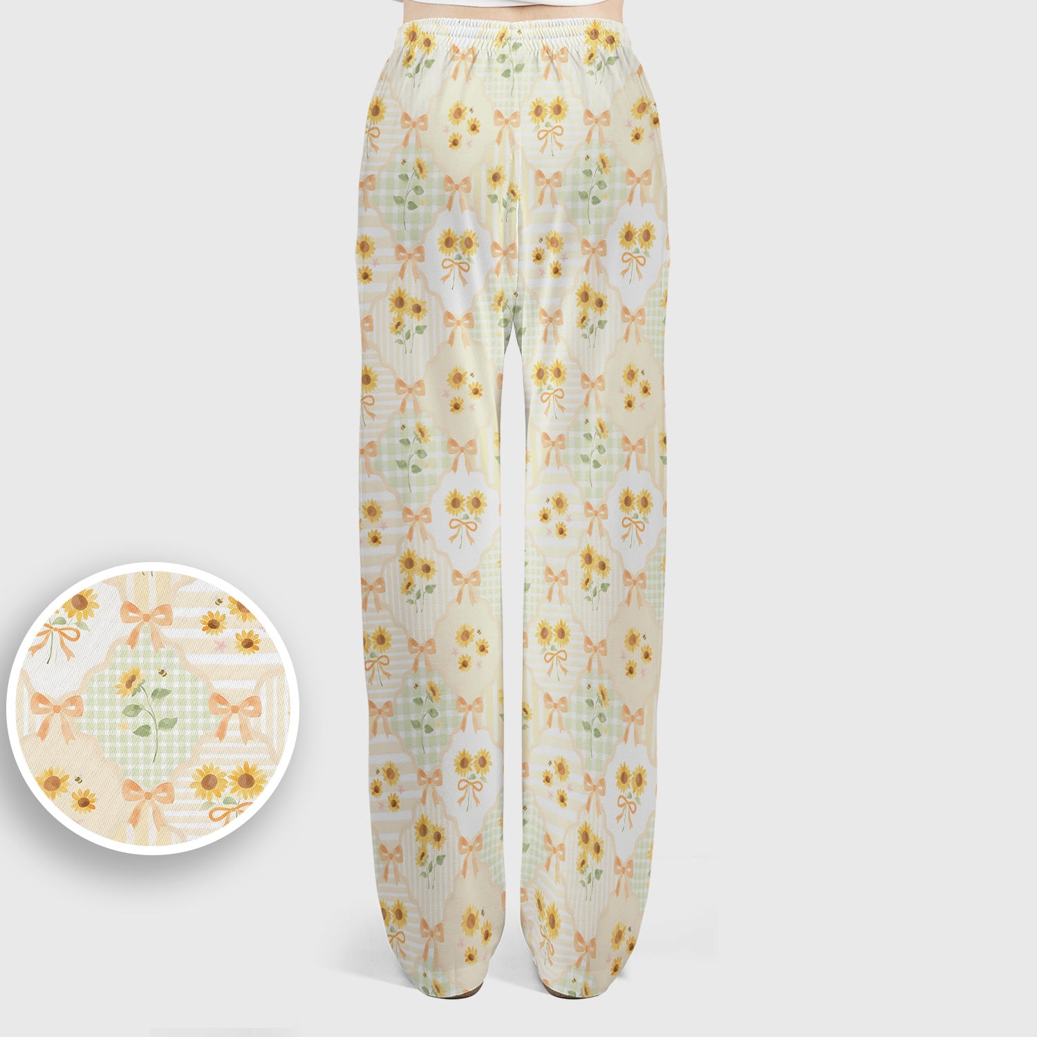 Cute Sunflower Ribbon Patchwork Pattern Scrub Set, Scrub Pants and V Neck Top