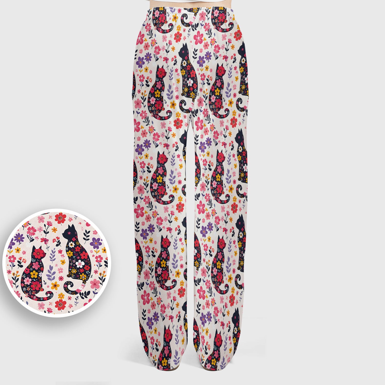 Floral Cat Silhouette Spring Garden Pattern Scrub Set, Scrub Pants and V Neck Top