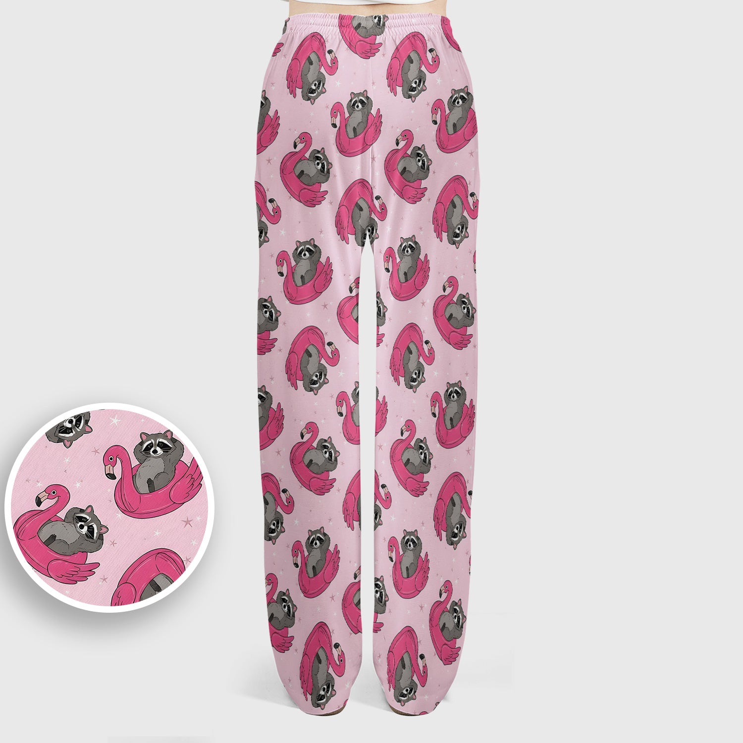 Cute Raccoon Flamingo Float Pattern Scrub Set, Scrub Pants and V Neck Top