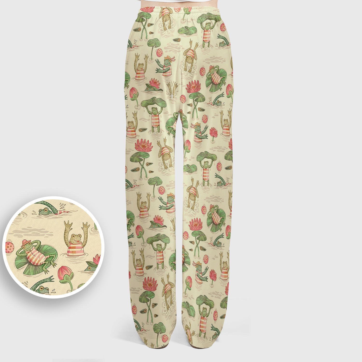 Cute Frogs Swimming Lily Pond Pattern Scrub Set, Scrub Pants and V Neck Top