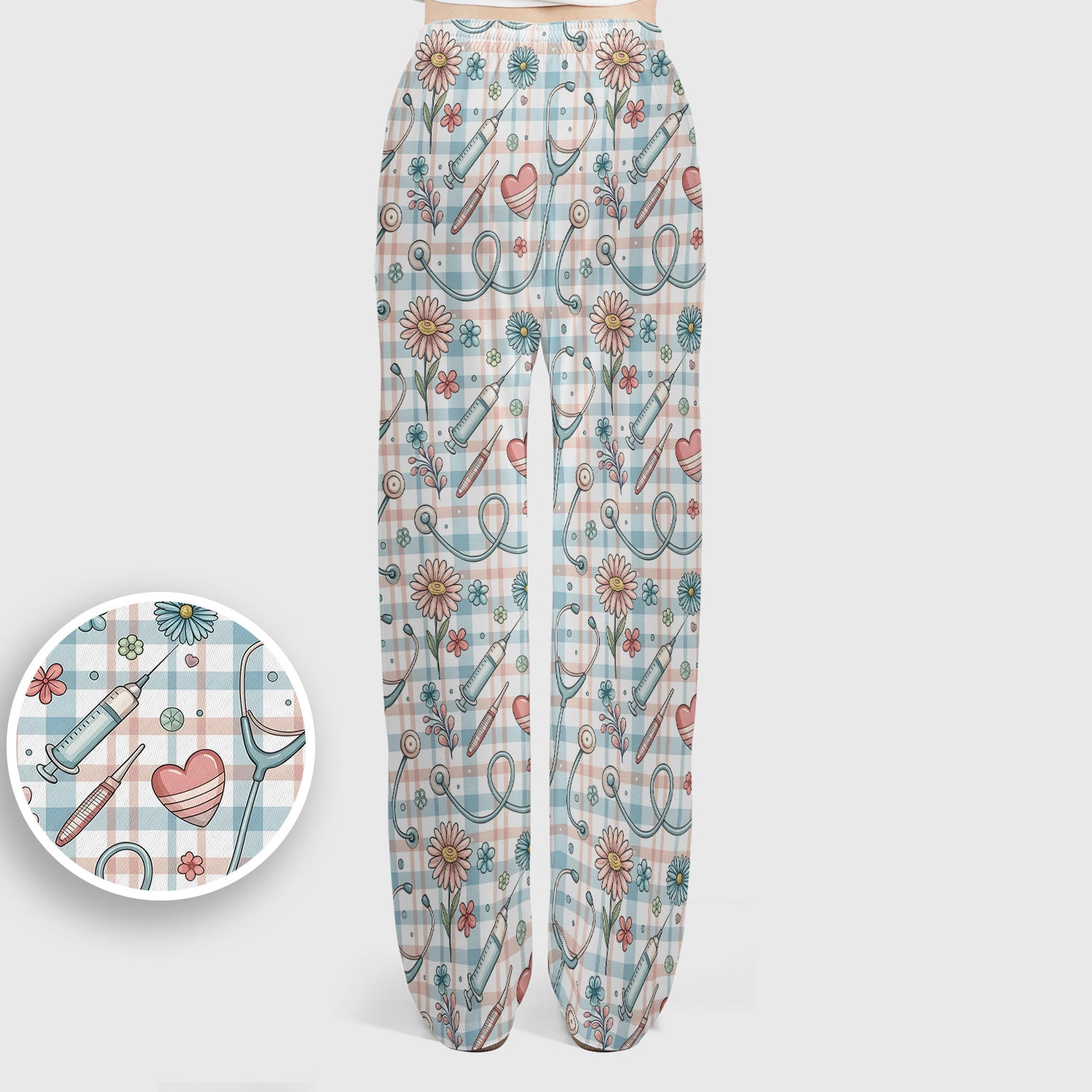 Stethoscope Heart Syringe Floral Plaid Pattern Scrub Set, Scrub Pants and V Neck Top