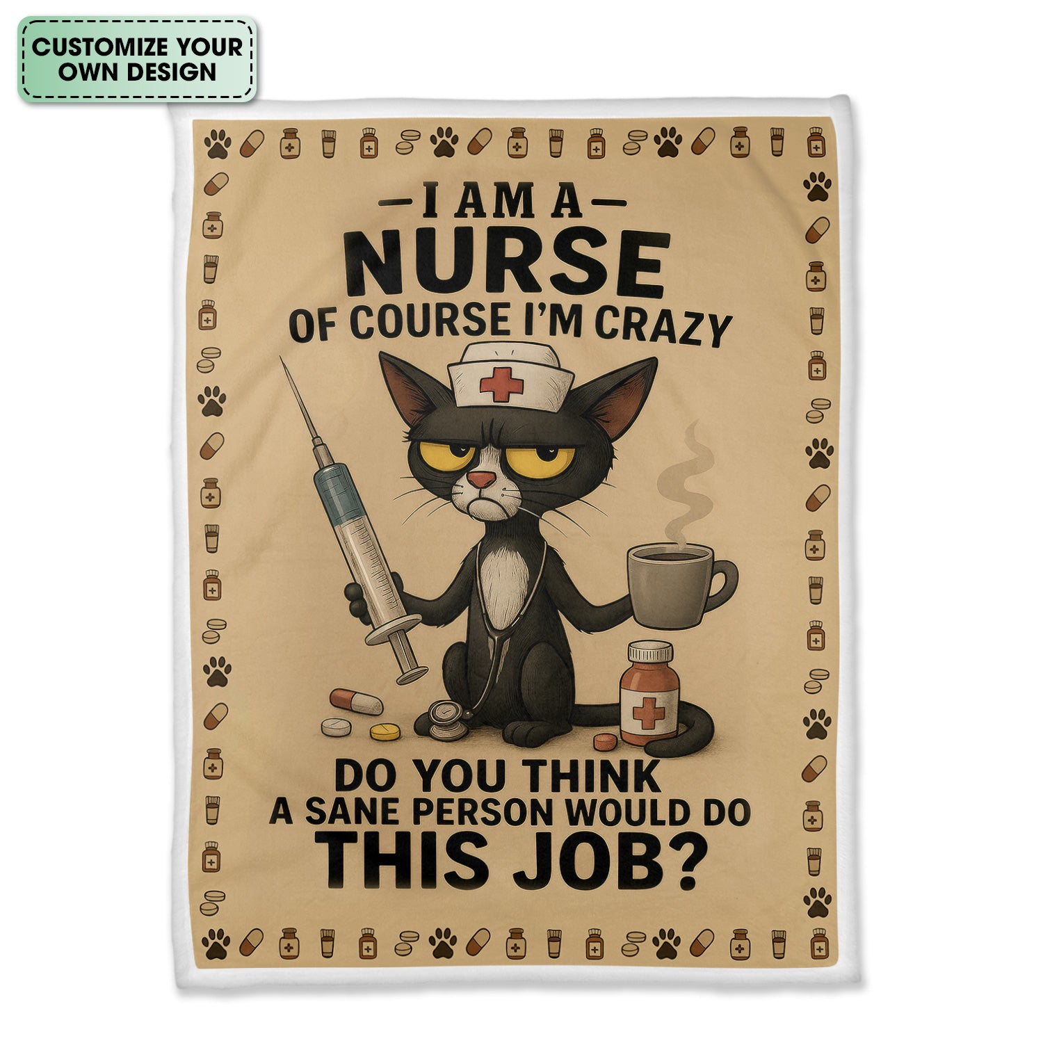 Personalized Crazy Nurse Blanket - Cute Black Cat in Scrubs with Stethoscope & Coffee Graphic - Gift Idea for Registered Nurses CNA LPN