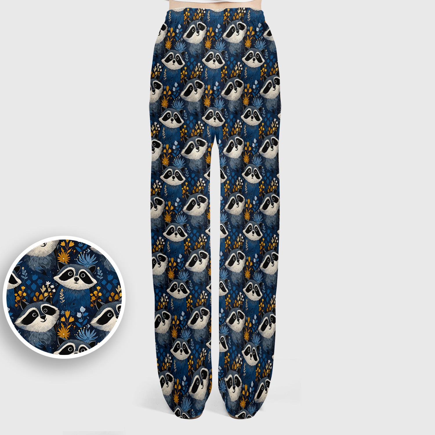 Raccoon With Blue Floral Forest Pattern Scrub Set, Scrub Pants and V Neck Top