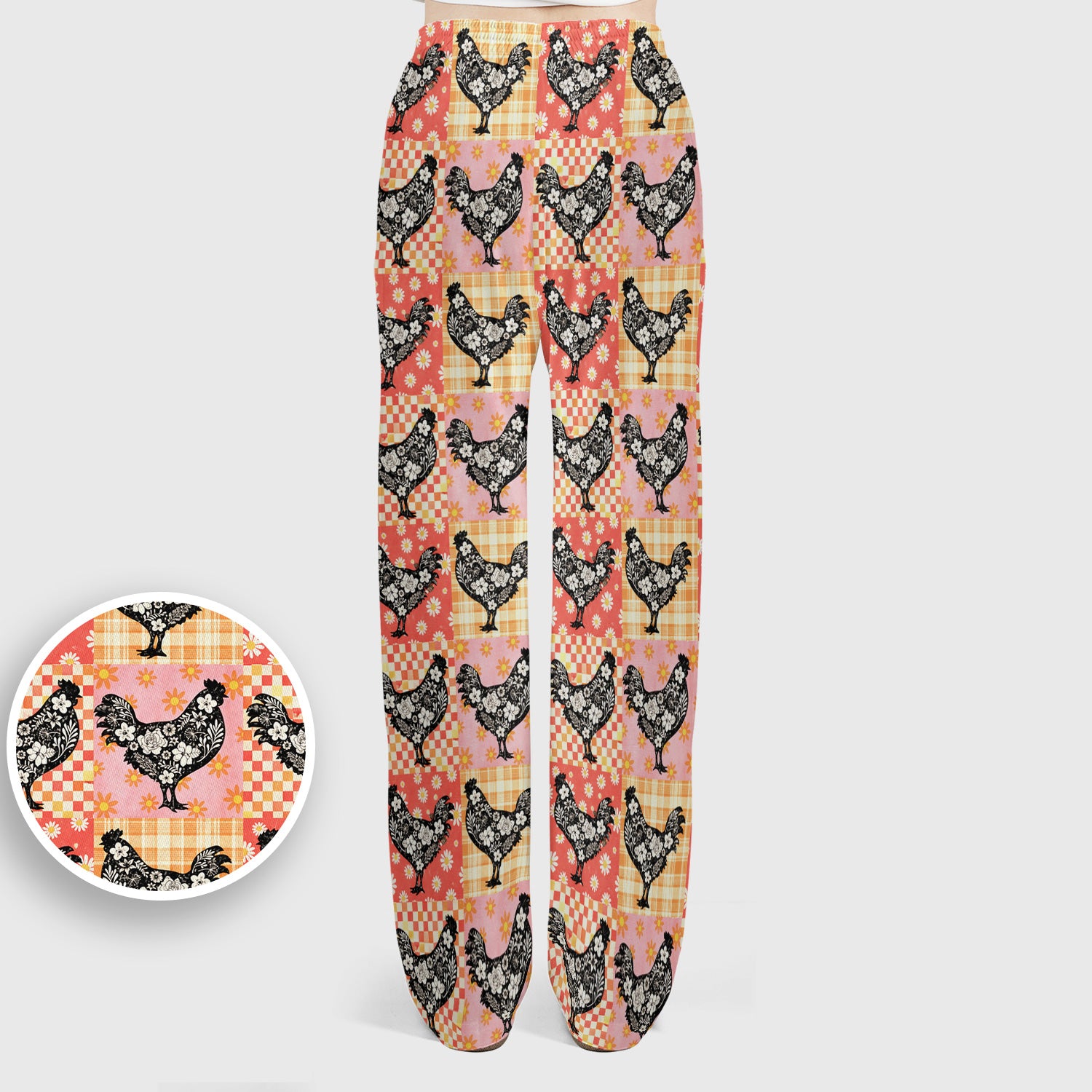 Cute Floral Chicken Patchwork Print Scrub Set, Scrub Pants and V Neck Top