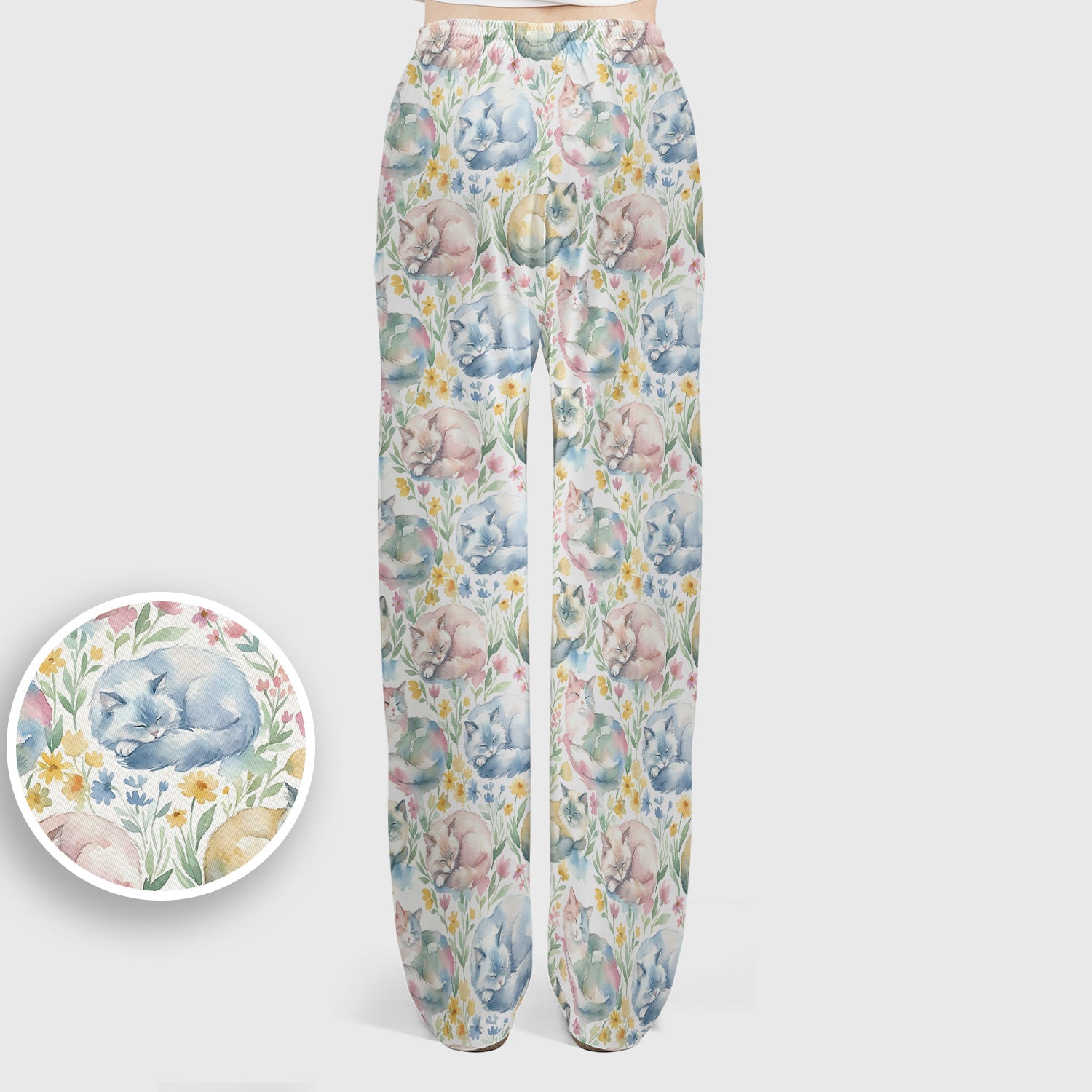 Dreamy Sleeping Cat Floral Pattern Scrub Set, Scrub Pants and V Neck Top