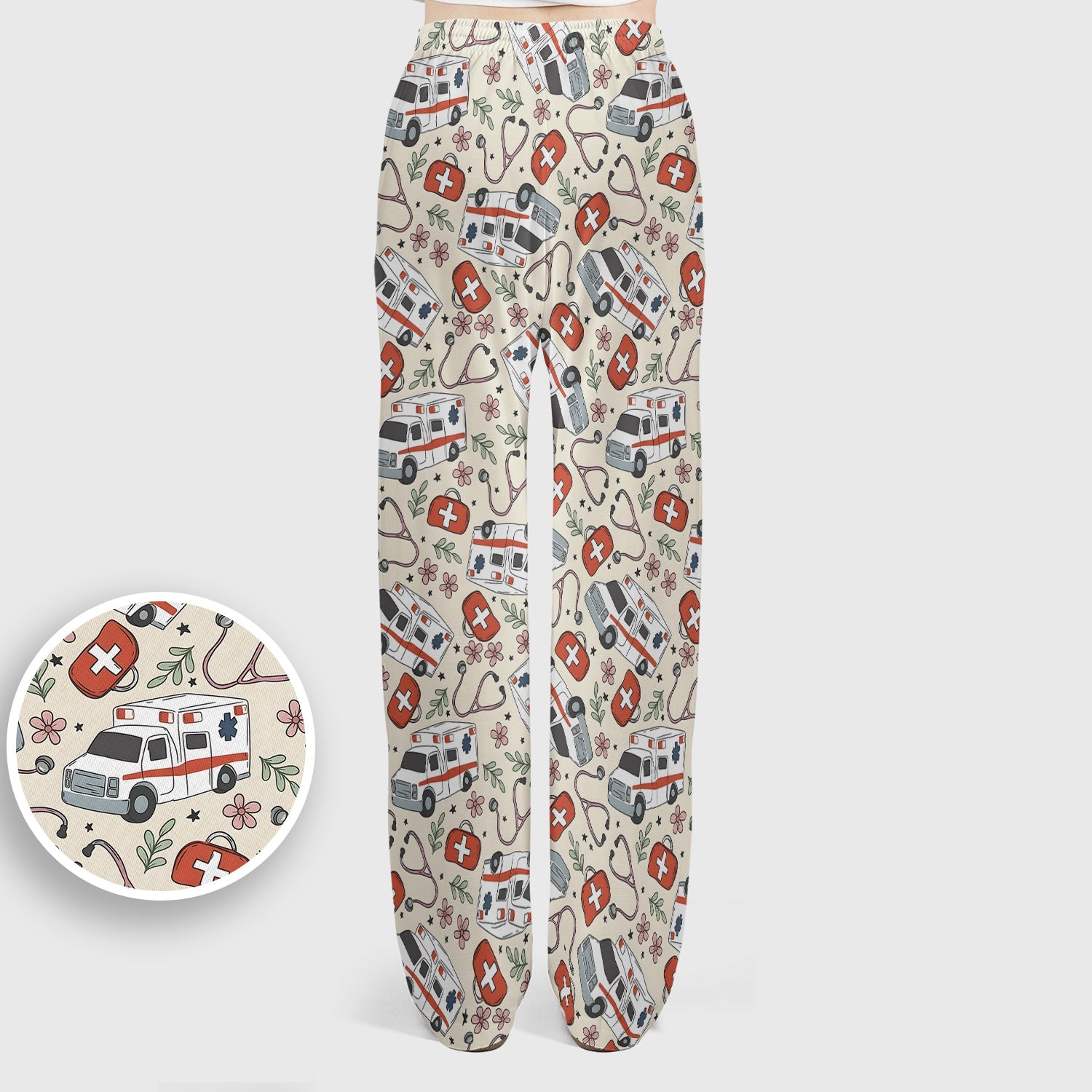 Ambulance Stethoscope First Aid Floral Pattern Scrub Set, Scrub Pants and V Neck Top