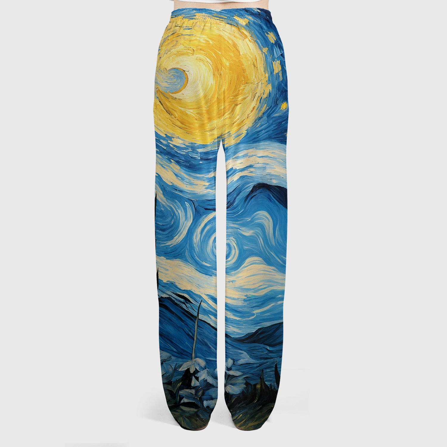 Swirling Moonlit Cat Scene Print Scrub Set, Scrub Pants and V Neck Top