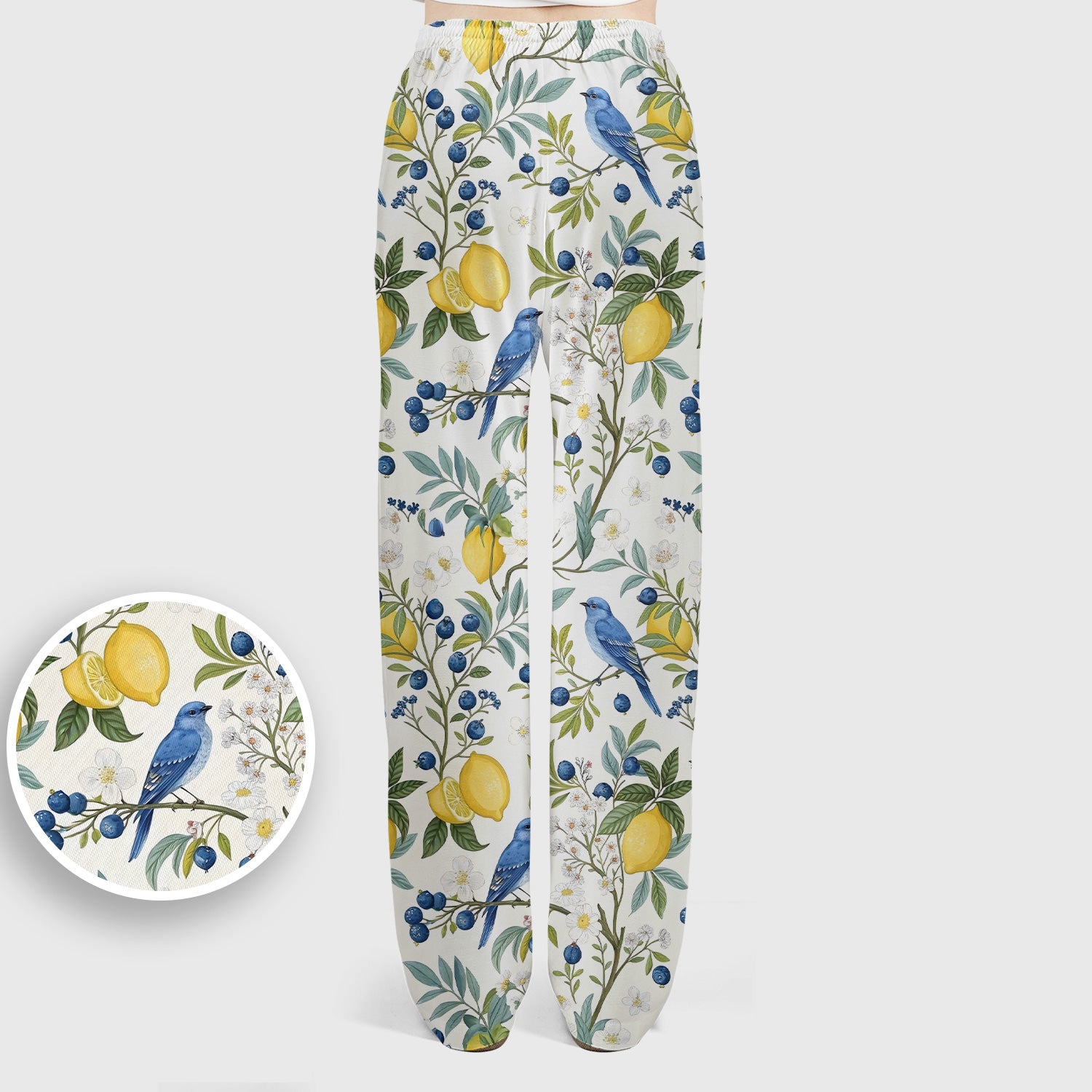 Cute Bluebird Lemon Berry Pattern Scrub Set, Scrub Pants and V Neck Top