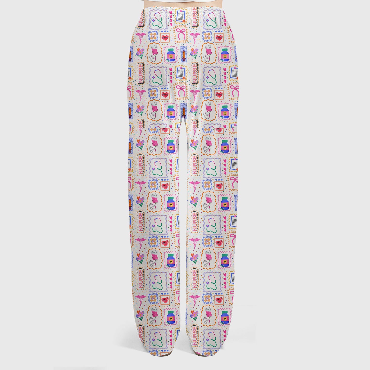 Colorful Nurse Medical Icon Pattern Scrub Set, Scrub Pants and V Neck Top
