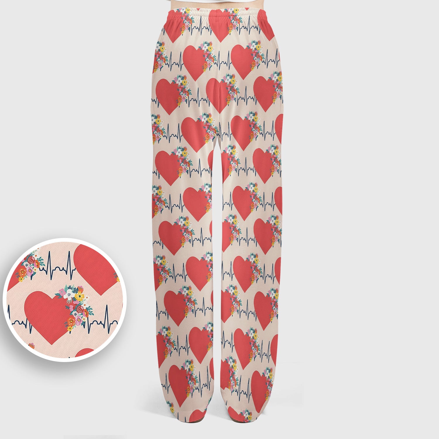 Nurse Heartbeat Floral Pattern Scrub Set, Scrub Pants and V Neck Top