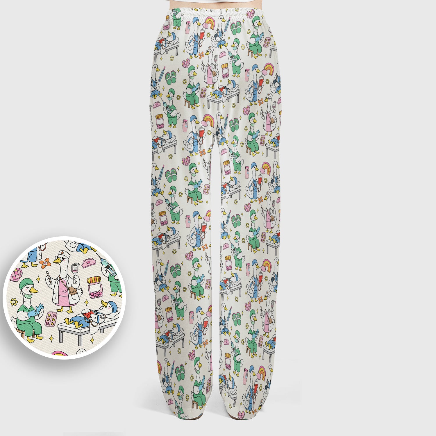 Funny Nurse Duck Medical Doodle Pattern Scrub Set, Scrub Pants and V Neck Top