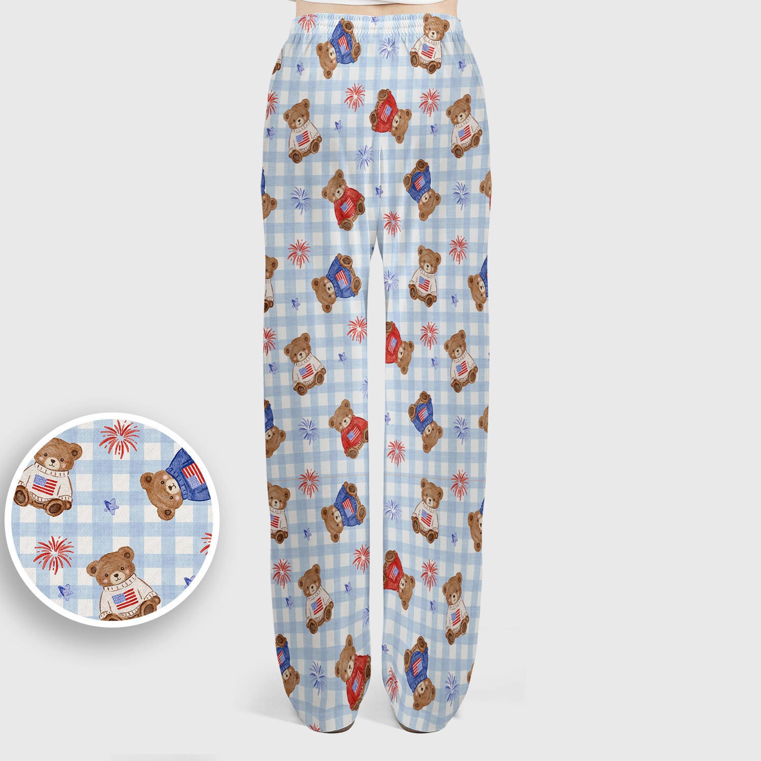 Cute Patriotic Teddy Bear Firework Gingham Pattern Scrub Set, Scrub Pants and V Neck Top